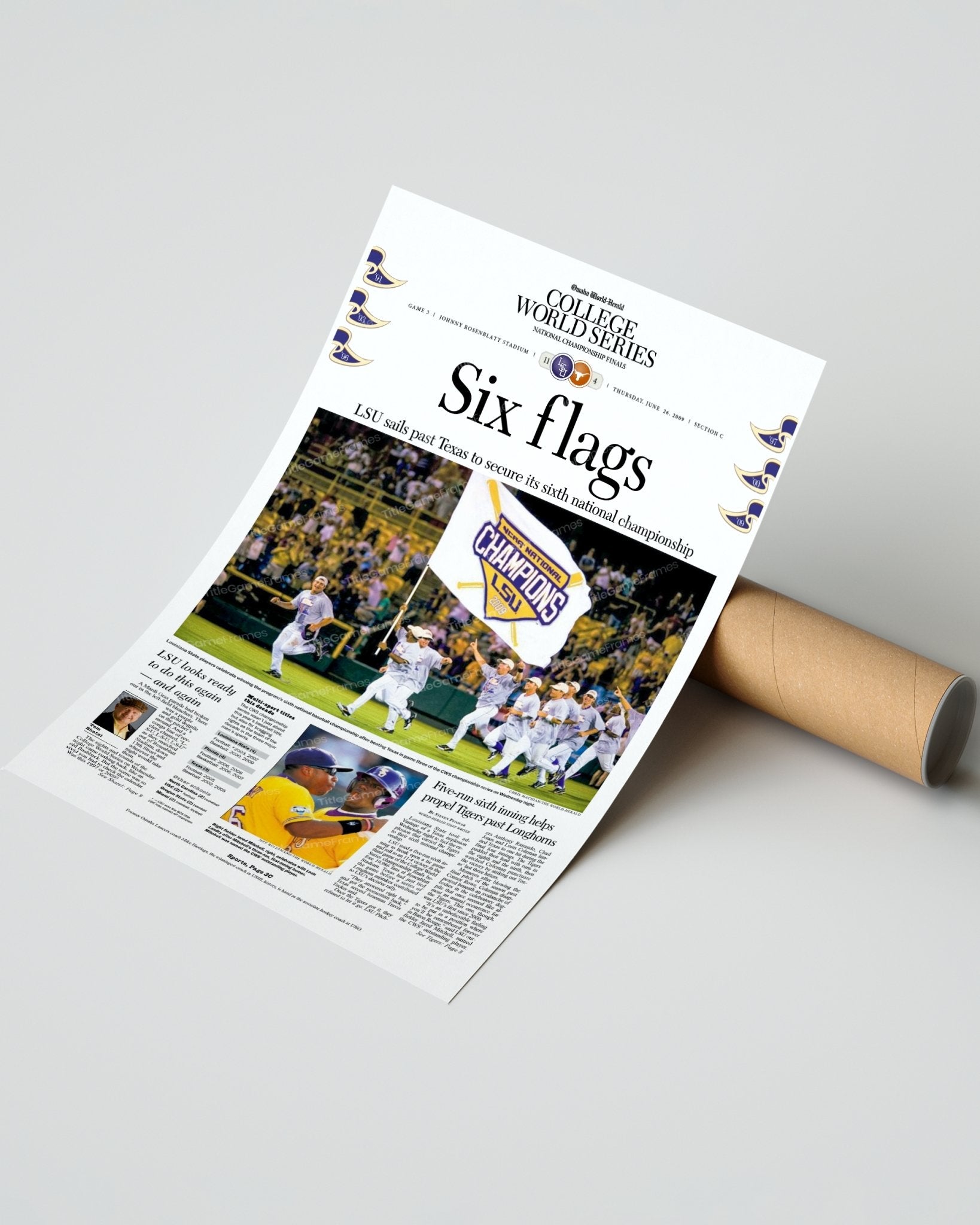 2009 LSU Tigers “Six Flags” College World Series Baseball Champions Front Page Newspaper - Title Game Frames