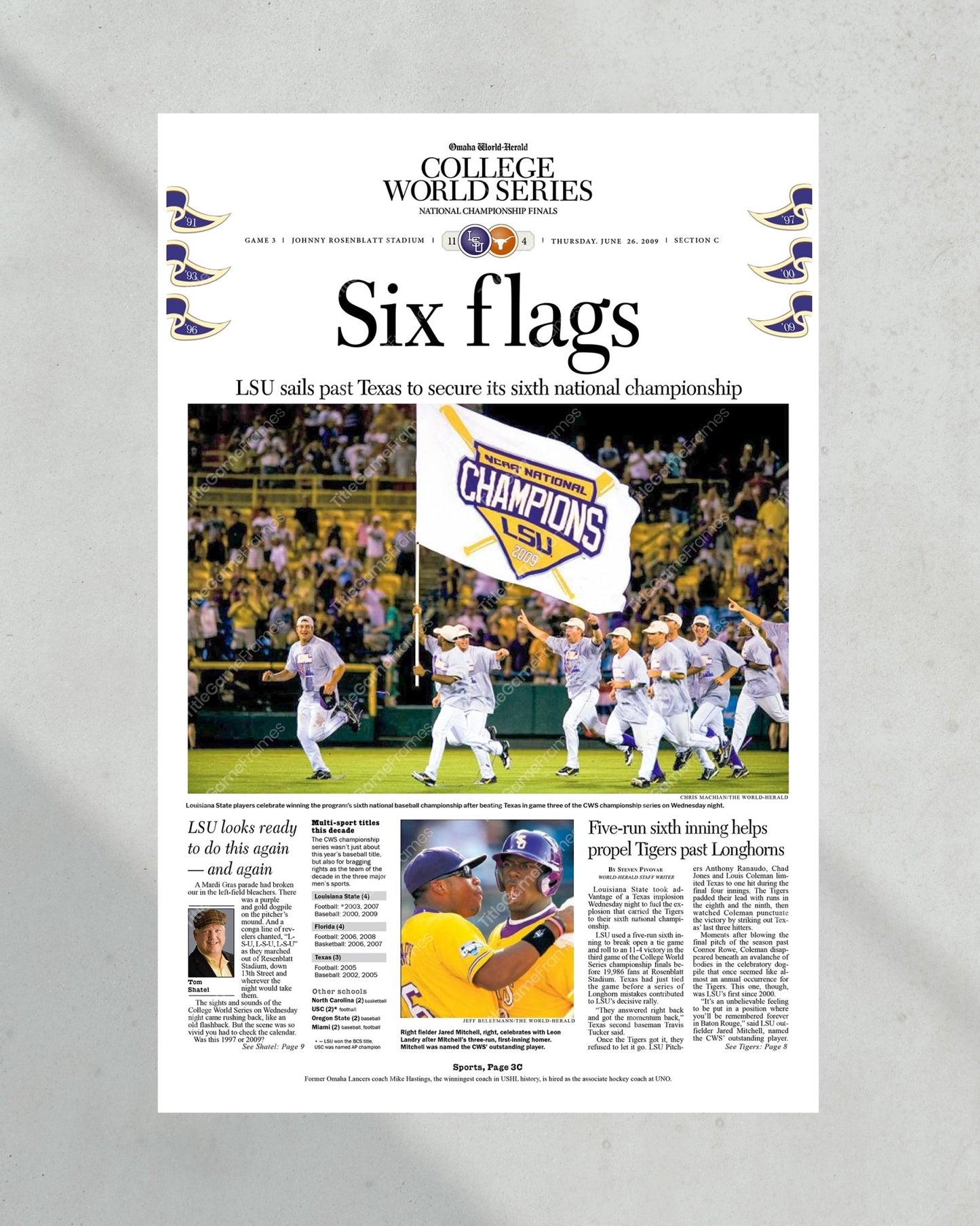 2009 LSU Tigers “Six Flags” College World Series Baseball Champions Front Page Newspaper - Title Game Frames