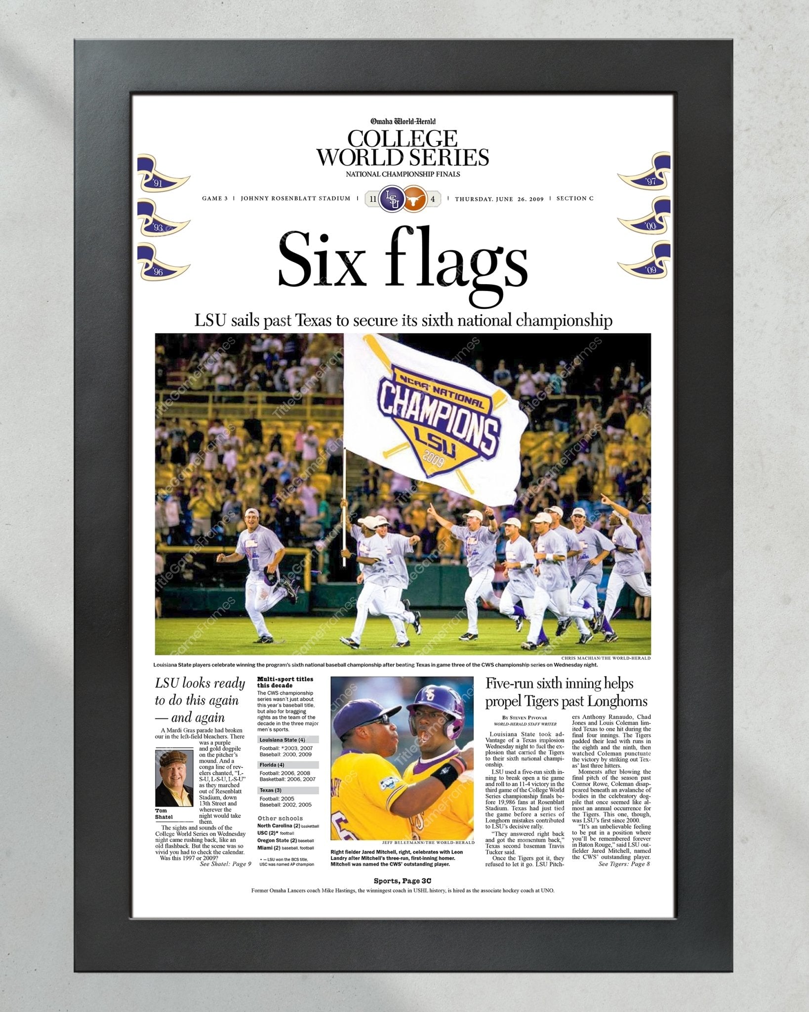 2009 LSU Tigers “Six Flags” College World Series Baseball Champions Front Page Newspaper - Title Game Frames