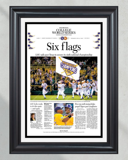 2009 LSU Tigers “Six Flags” College World Series Baseball Champions Front Page Newspaper - Title Game Frames