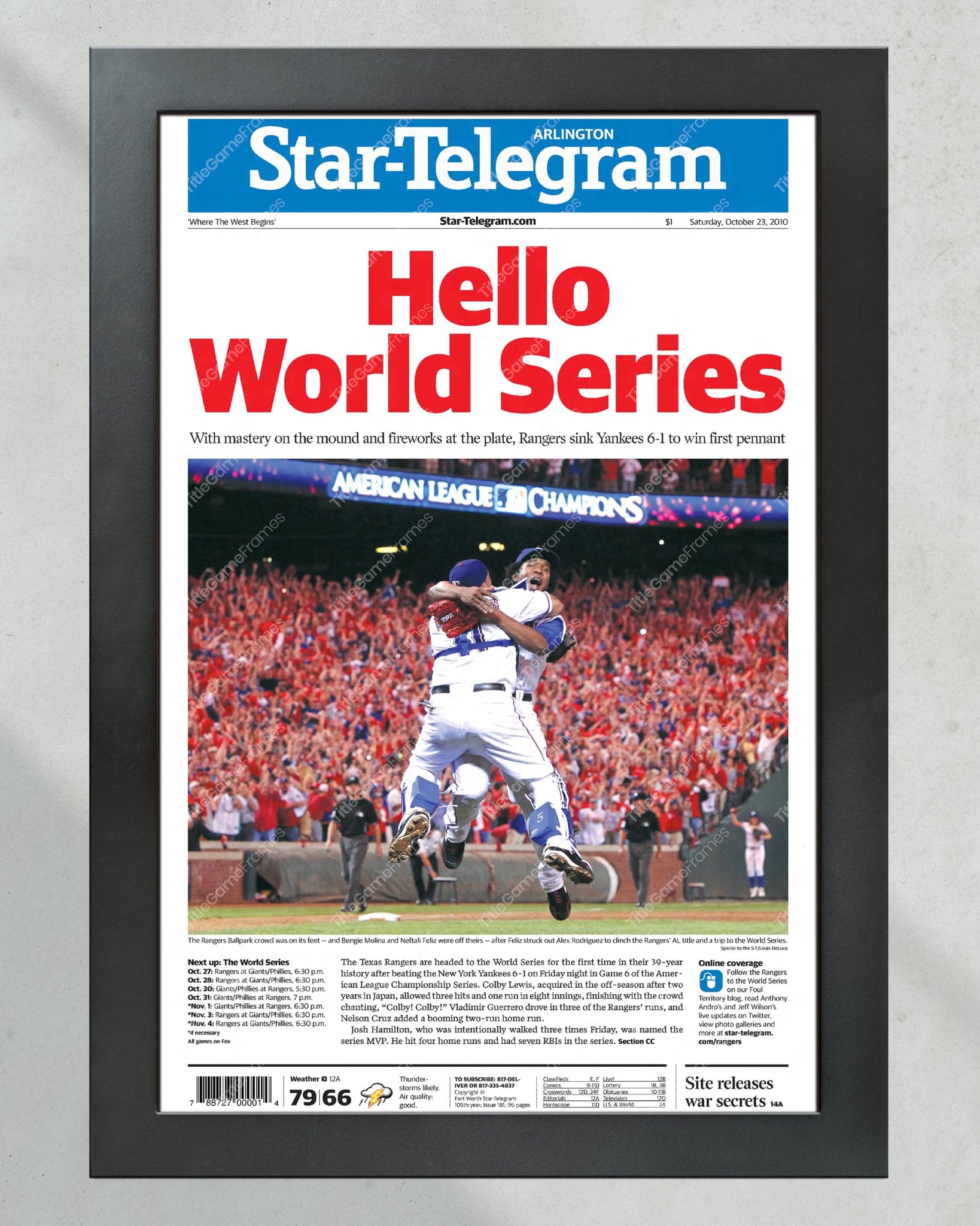 2010 Texas Rangers ALCS Champions Framed Front Page Newspaper Print - Title Game Frames