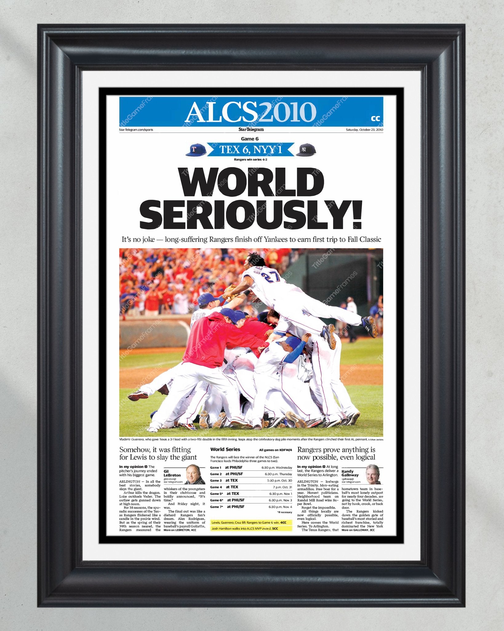 2010 Texas Rangers ALCS Champions Framed Front Page Newspaper Print - Title Game Frames