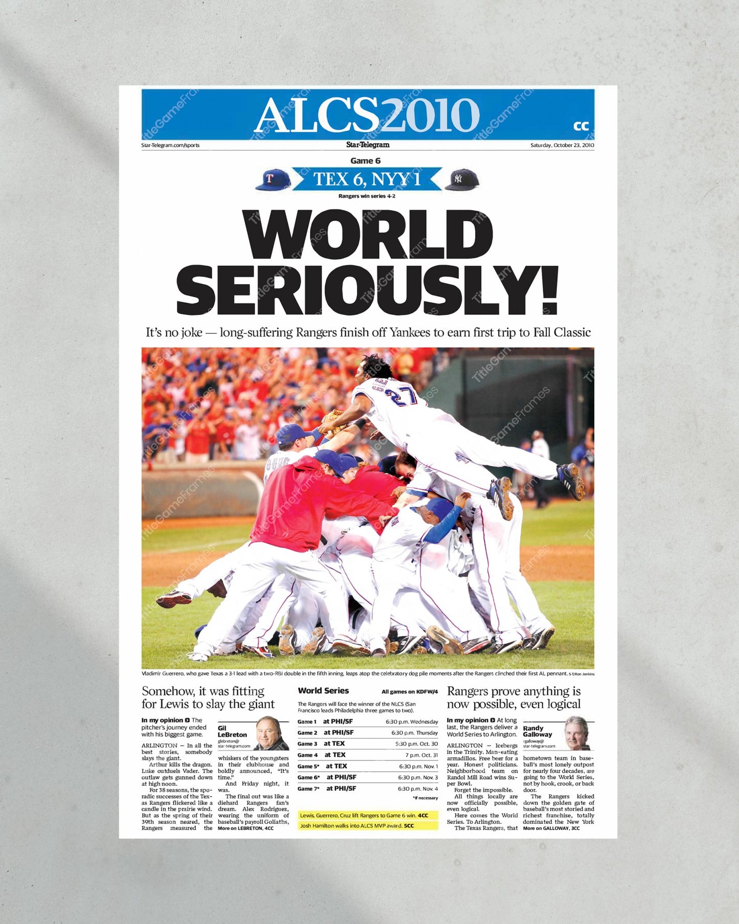 2010 Texas Rangers ALCS Champions Framed Front Page Newspaper Print - Title Game Frames