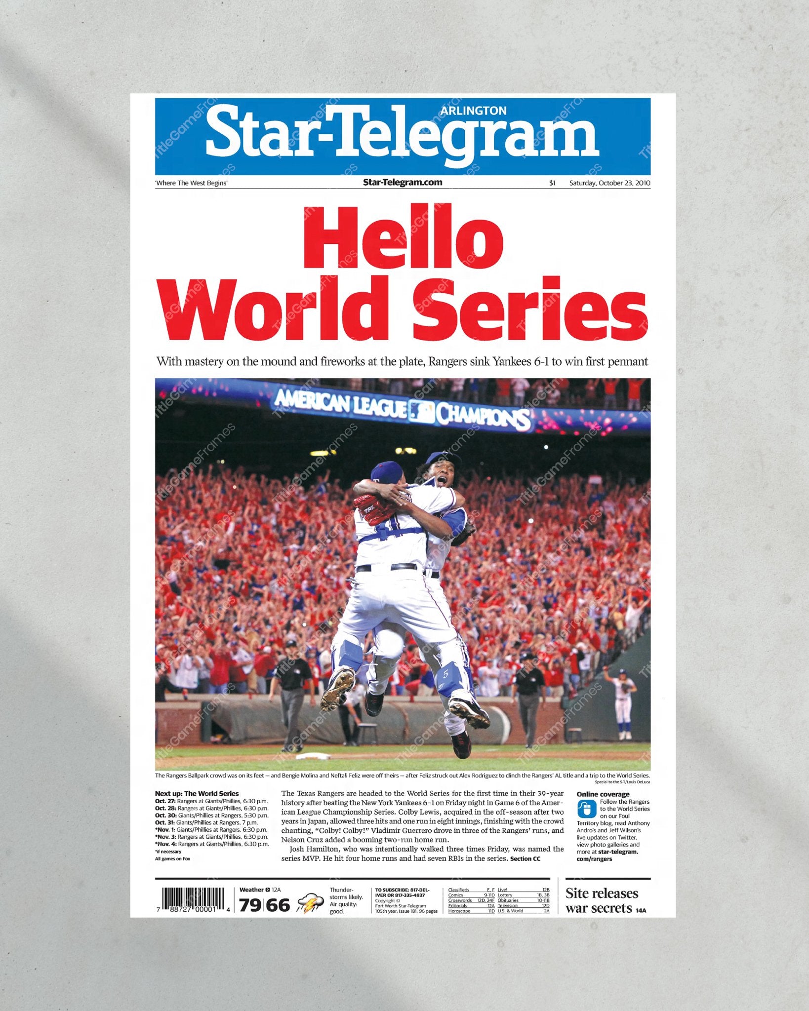 2010 Texas Rangers ALCS Champions Framed Front Page Newspaper Print - Title Game Frames