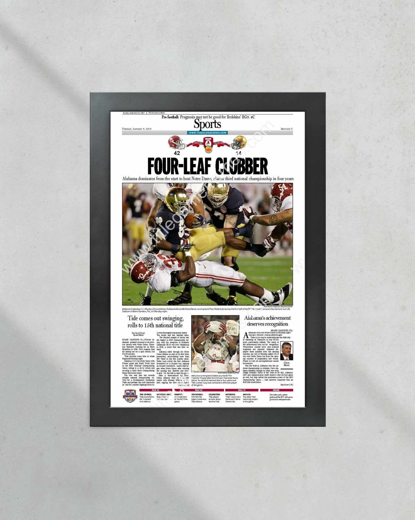 2012 Alabama Crimson Tide NCAA College Football National Champions Framed Front Page Newspaper Print - Title Game Frames