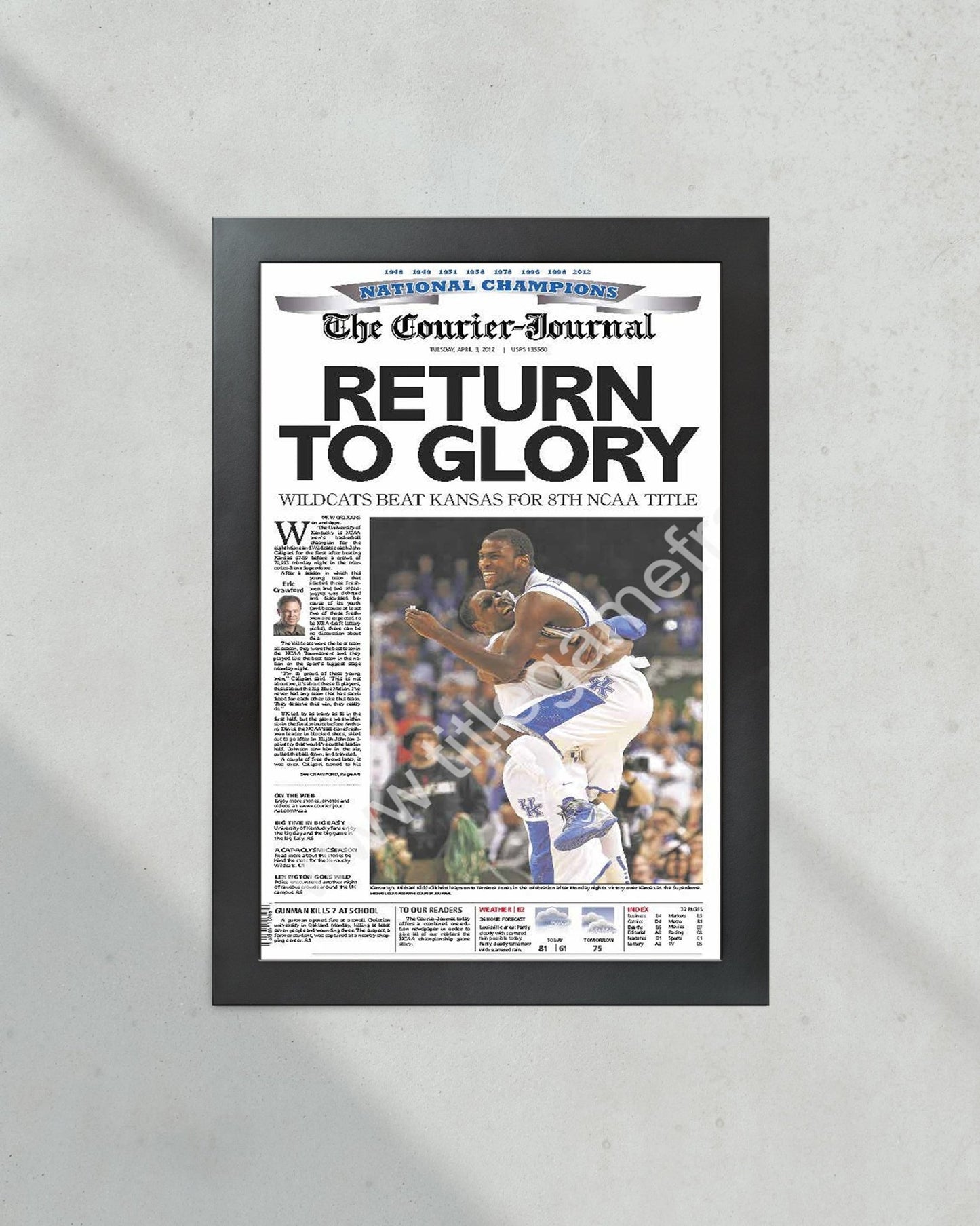 2012 Kentucky Wildcats NCAA College Basketball Champions Framed Front Page Newspaper Print - Title Game Frames