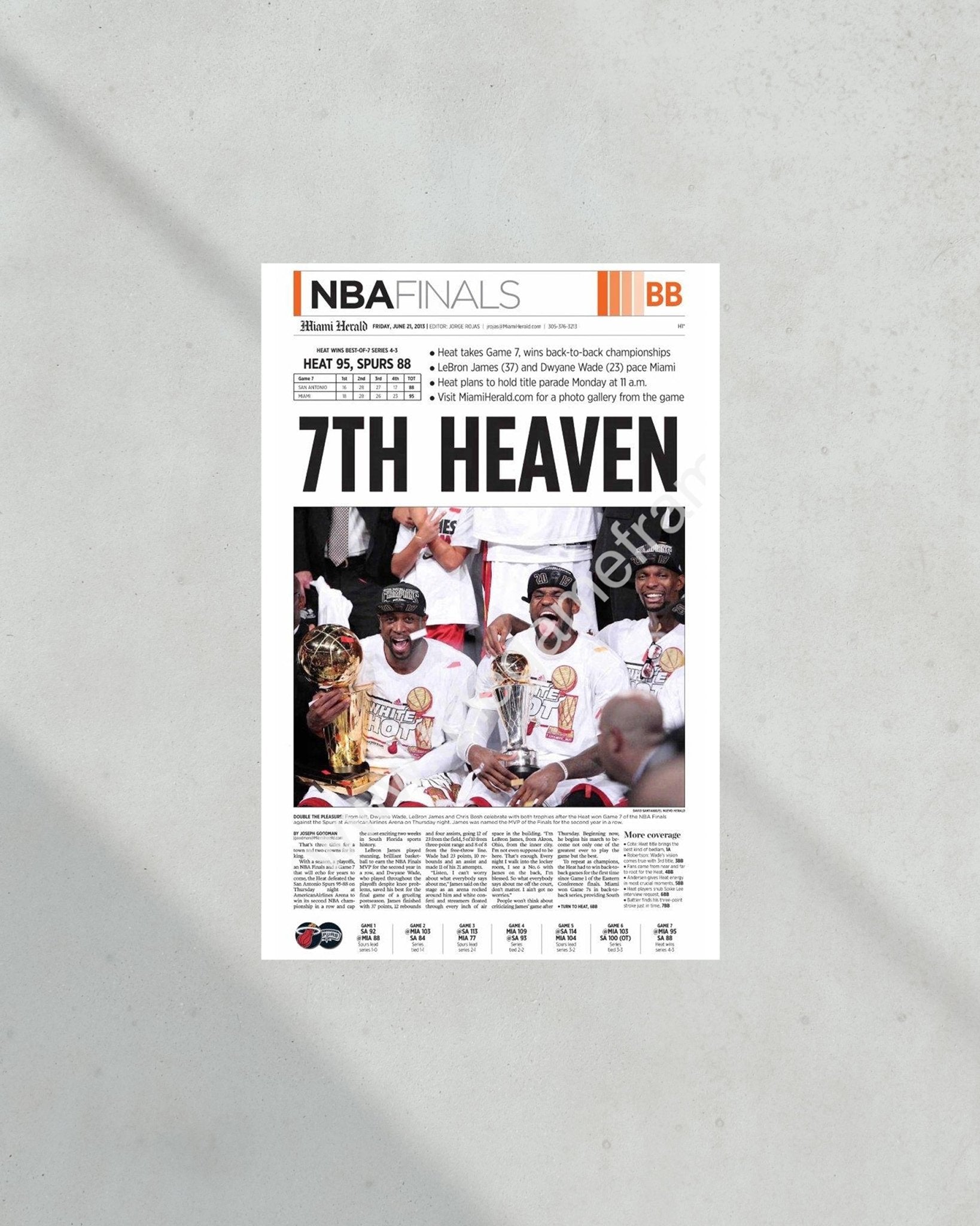 2013 Miami Heat “7th Heaven” NBA Champions Framed Newspaper Front Page Print - Title Game Frames
