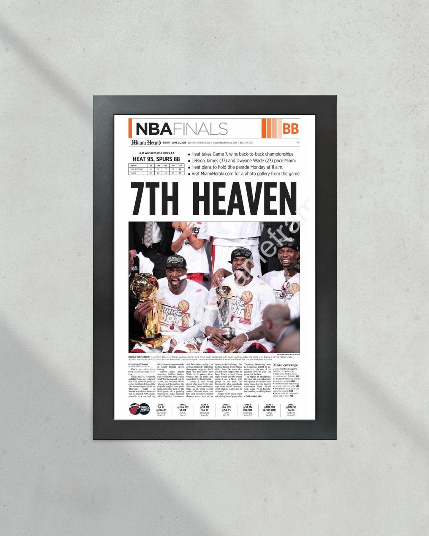 2013 Miami Heat “7th Heaven” NBA Champions Framed Newspaper Front Page Print - Title Game Frames