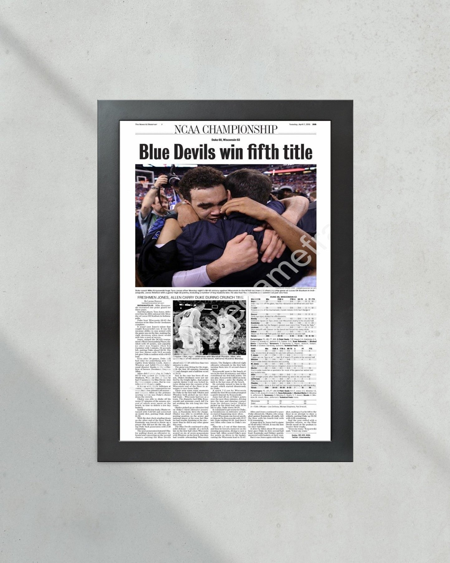 2015 Duke Blue Devils NCAA College Basketball National Champions Framed Front Page Newspaper Print - Title Game Frames