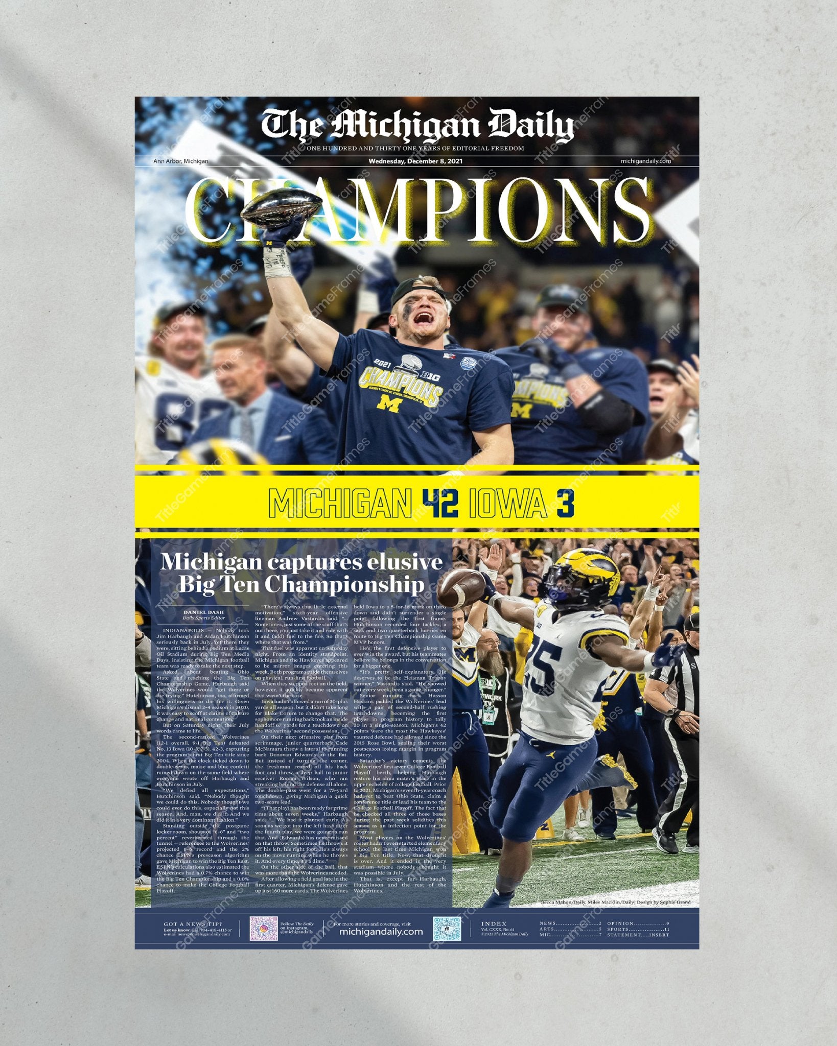 2021 Michigan Wolverines Big Ten Championship: 'CHAMPIONS' - Framed Print - Title Game Frames