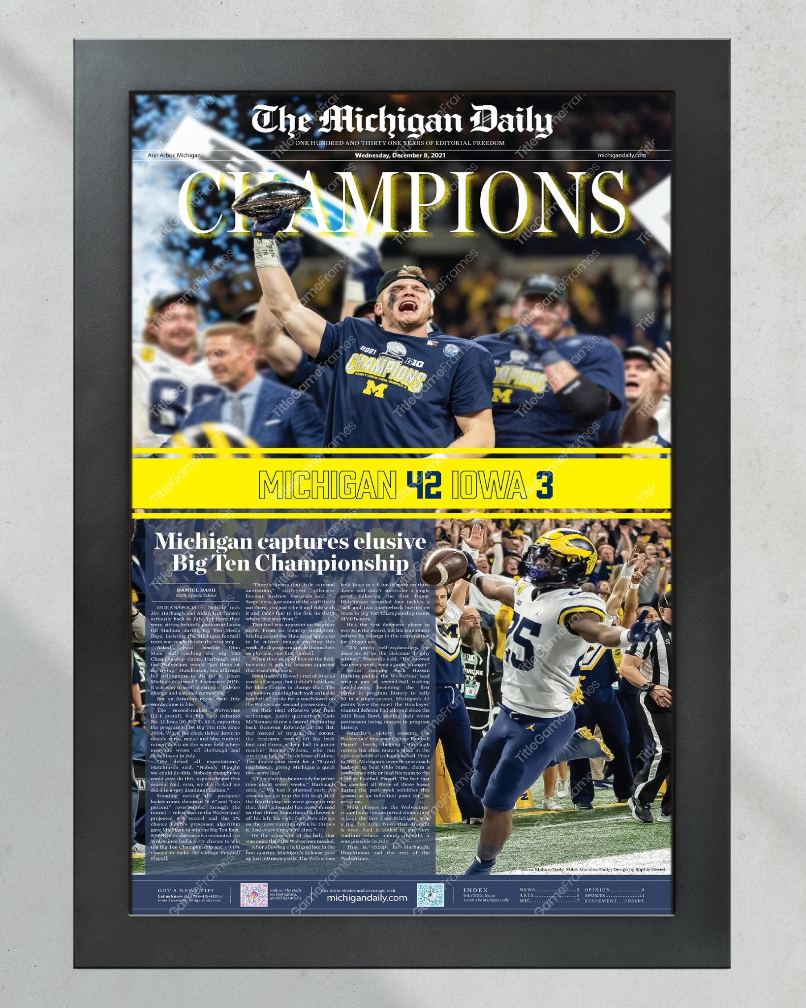 2021 Michigan Wolverines Big Ten Championship: 'CHAMPIONS' - Framed Print - Title Game Frames