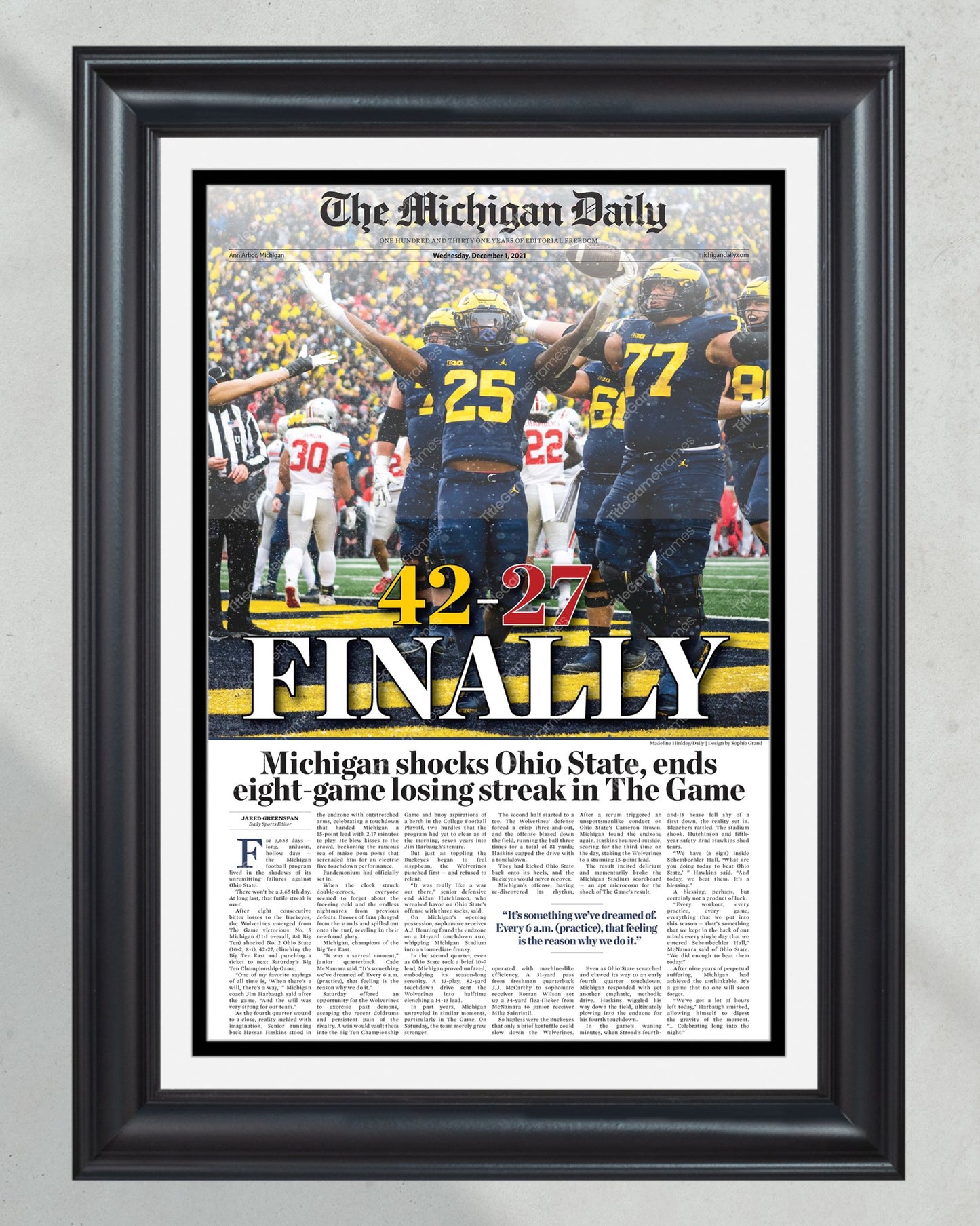 2021 Michigan Wolverines Defeat Ohio State: 42-27 'FINALLY' - Framed Print - Title Game Frames