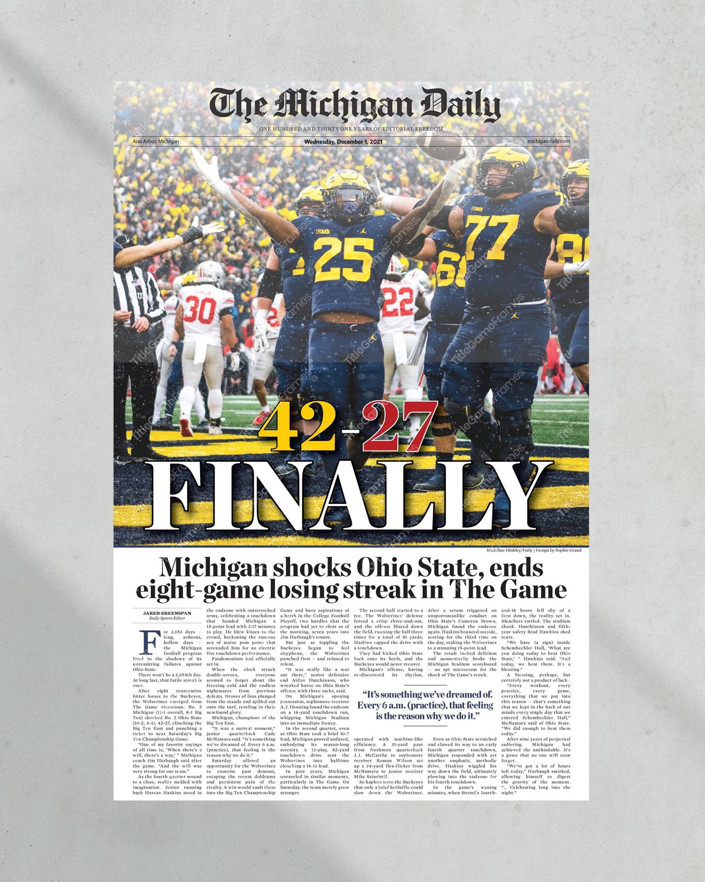 2021 Michigan Wolverines Defeat Ohio State: 42-27 'FINALLY' - Framed Print - Title Game Frames