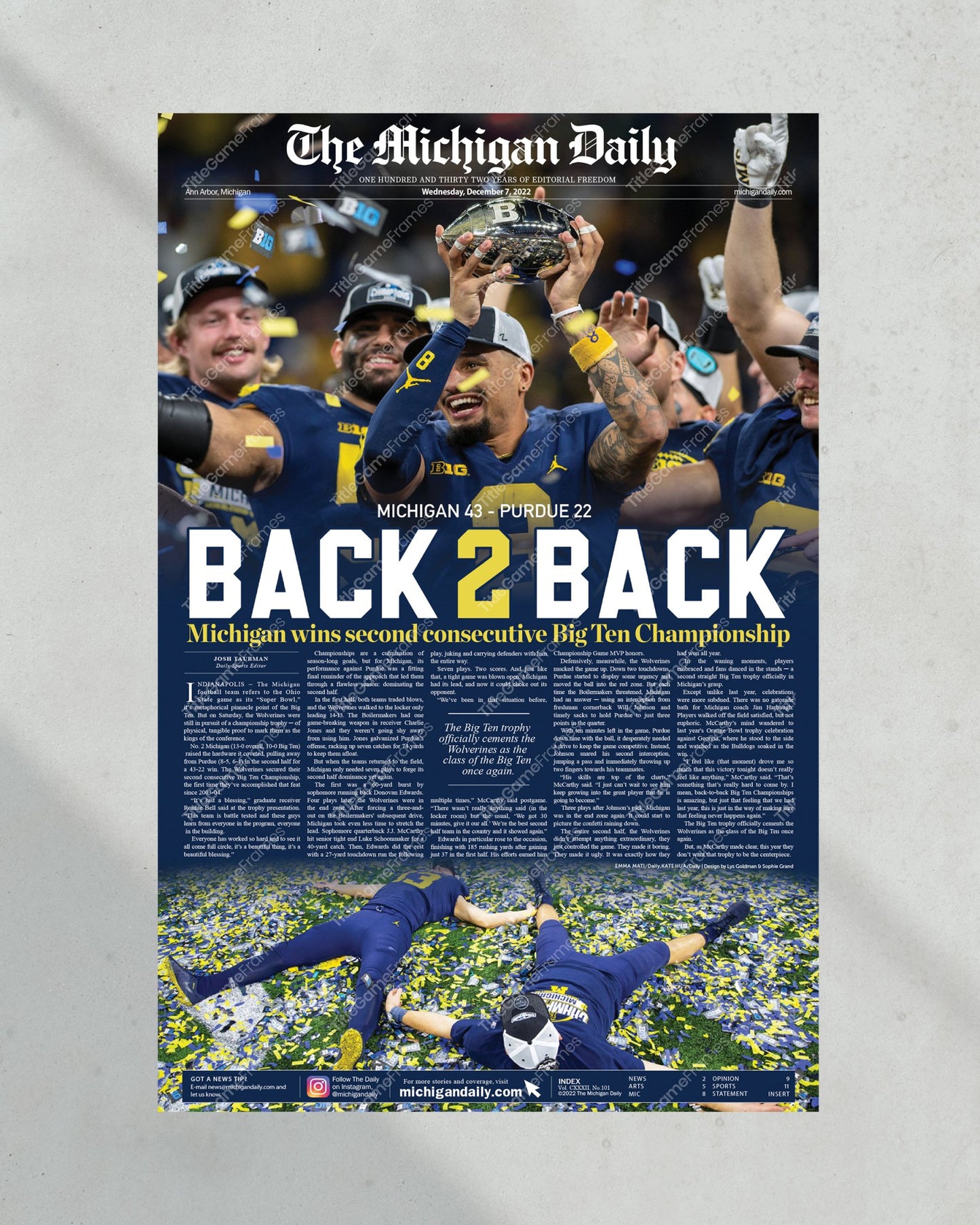 2022 Michigan Wolverines Big Ten Championship: 'Back-2-Back' - Framed Newspaper Print - Title Game Frames