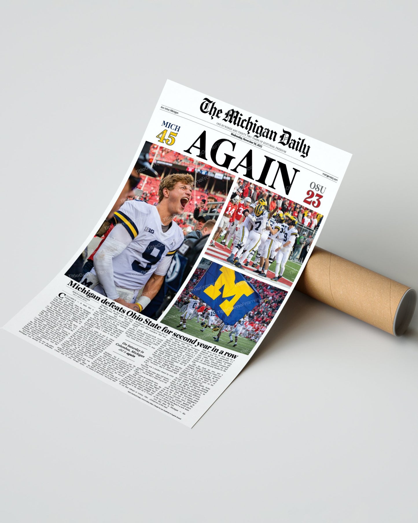 2022 Michigan Wolverines Defeat Ohio State: 'AGAIN' - Framed Newspaper Print - Title Game Frames