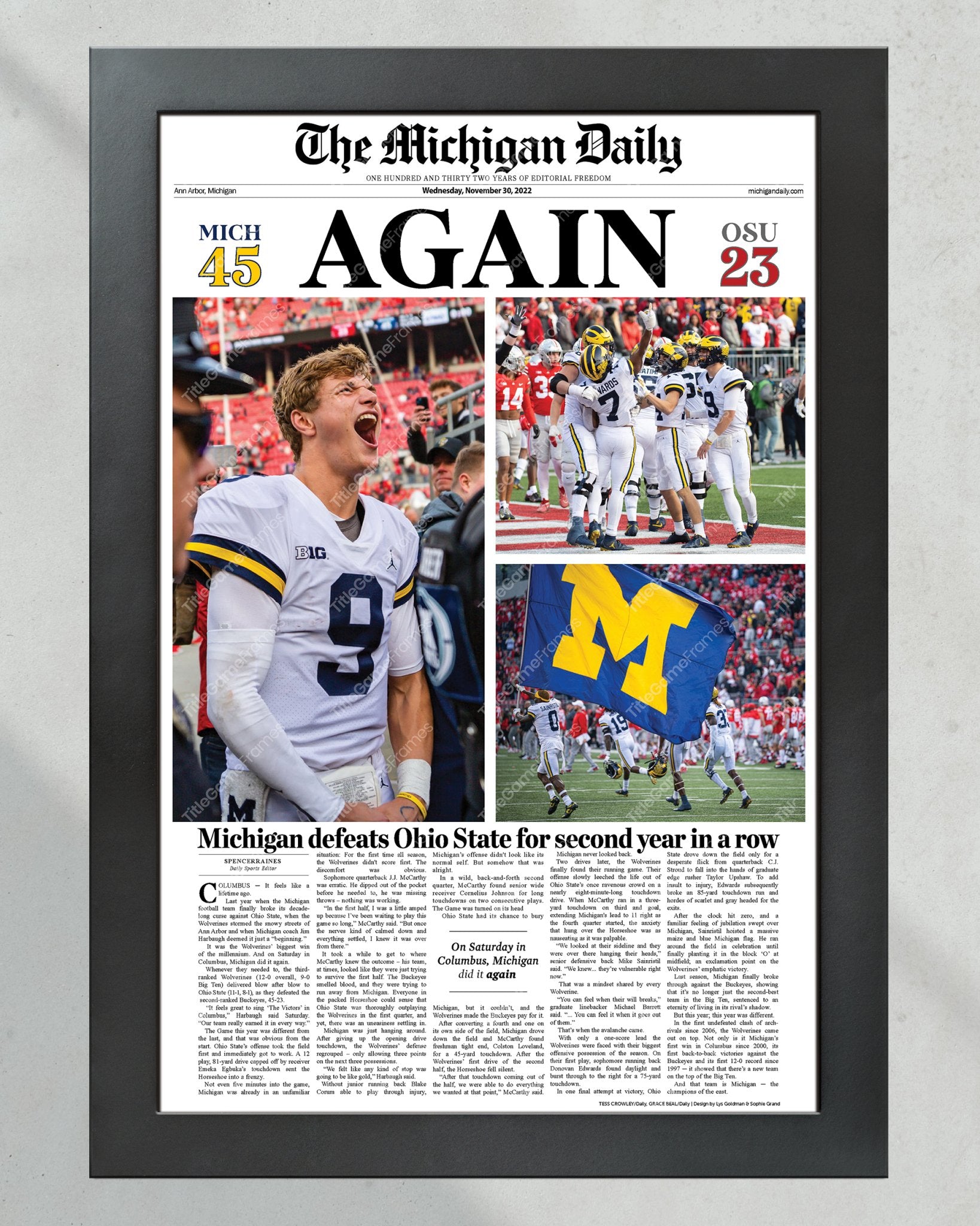 2022 Michigan Wolverines Defeat Ohio State: 'AGAIN' - Framed Newspaper Print - Title Game Frames