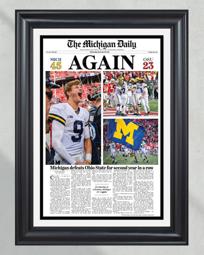 2022 Michigan Wolverines Defeat Ohio State: 'AGAIN' - Framed Newspaper Print - Title Game Frames