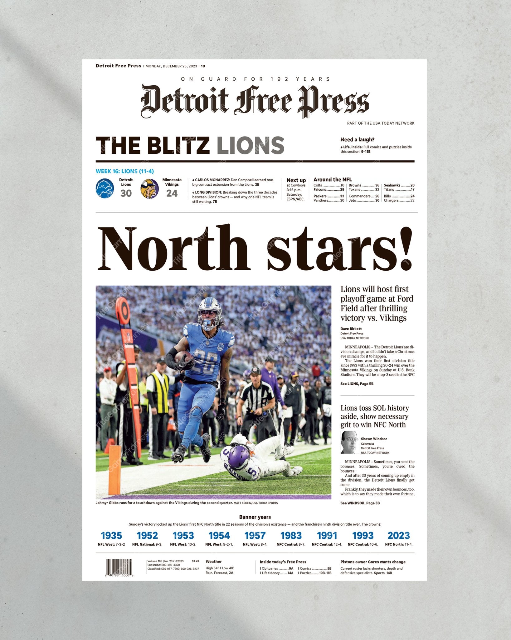 2023 Detroit Lions: NFC North Division Champions - 'North stars!' - Collectible Framed Newspaper - Title Game Frames