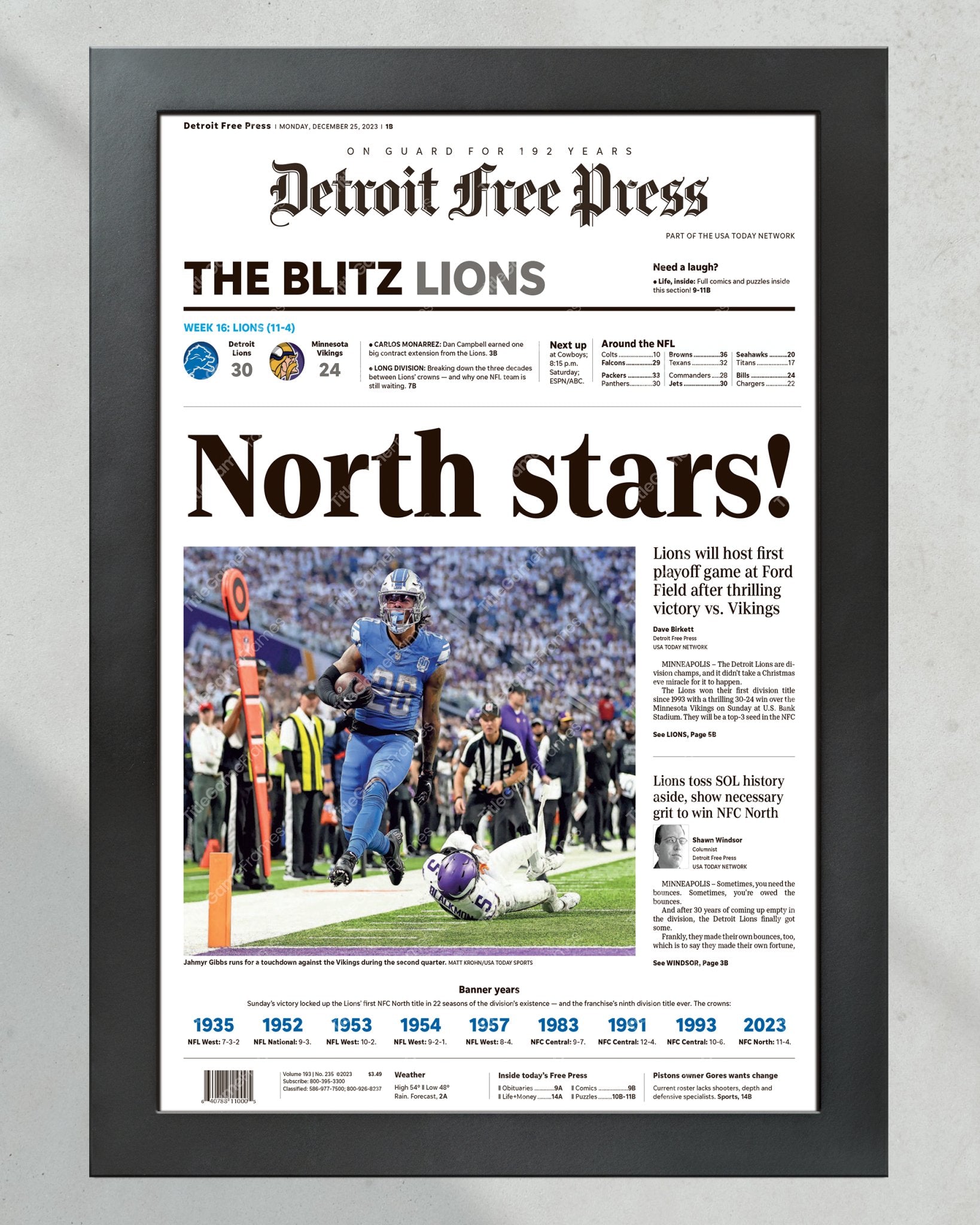 2023 Detroit Lions: NFC North Division Champions - 'North stars!' - Collectible Framed Newspaper - Title Game Frames