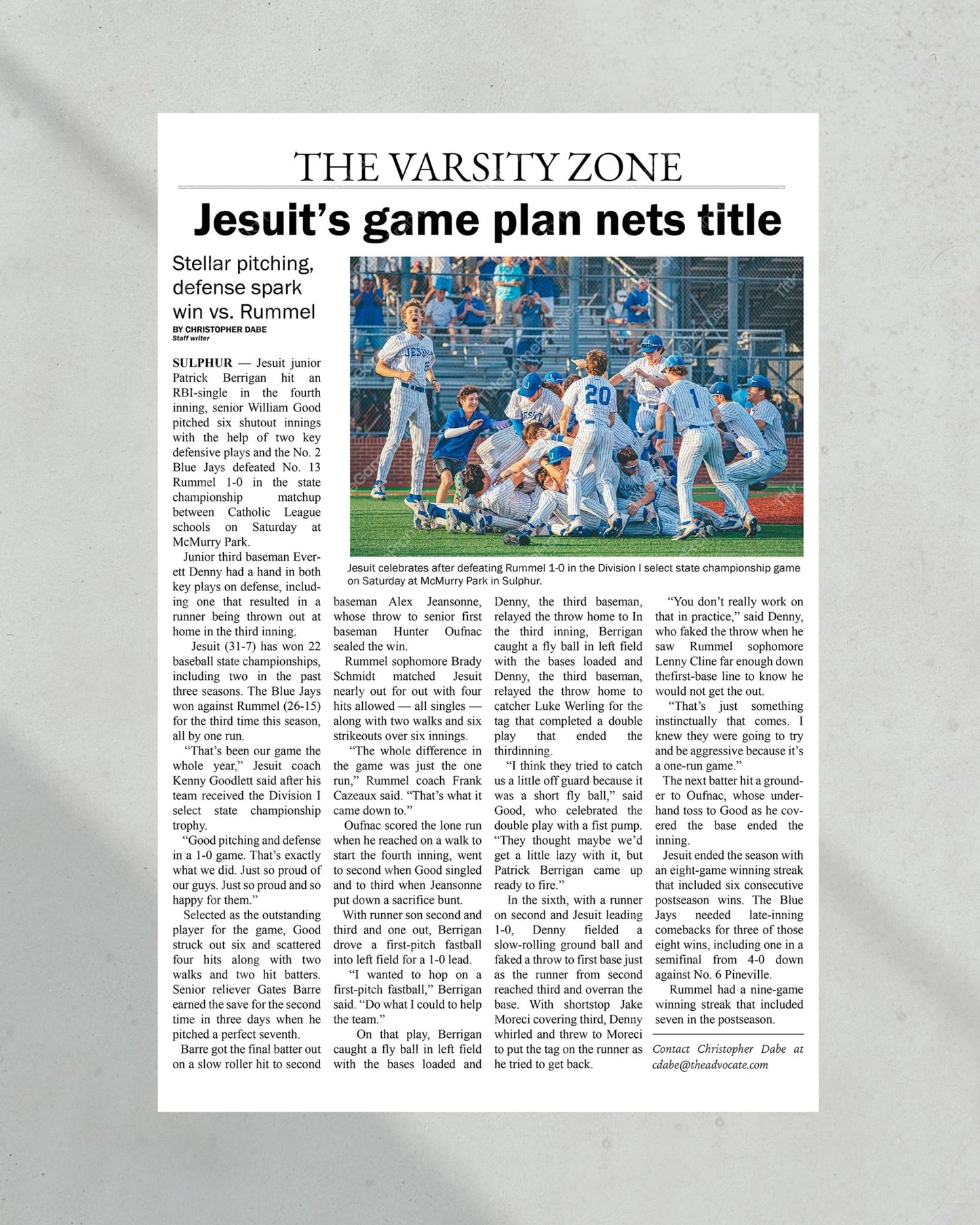 2023 Jesuit Baseball D1 State Championship Framed Newspaper - Title Game Frames