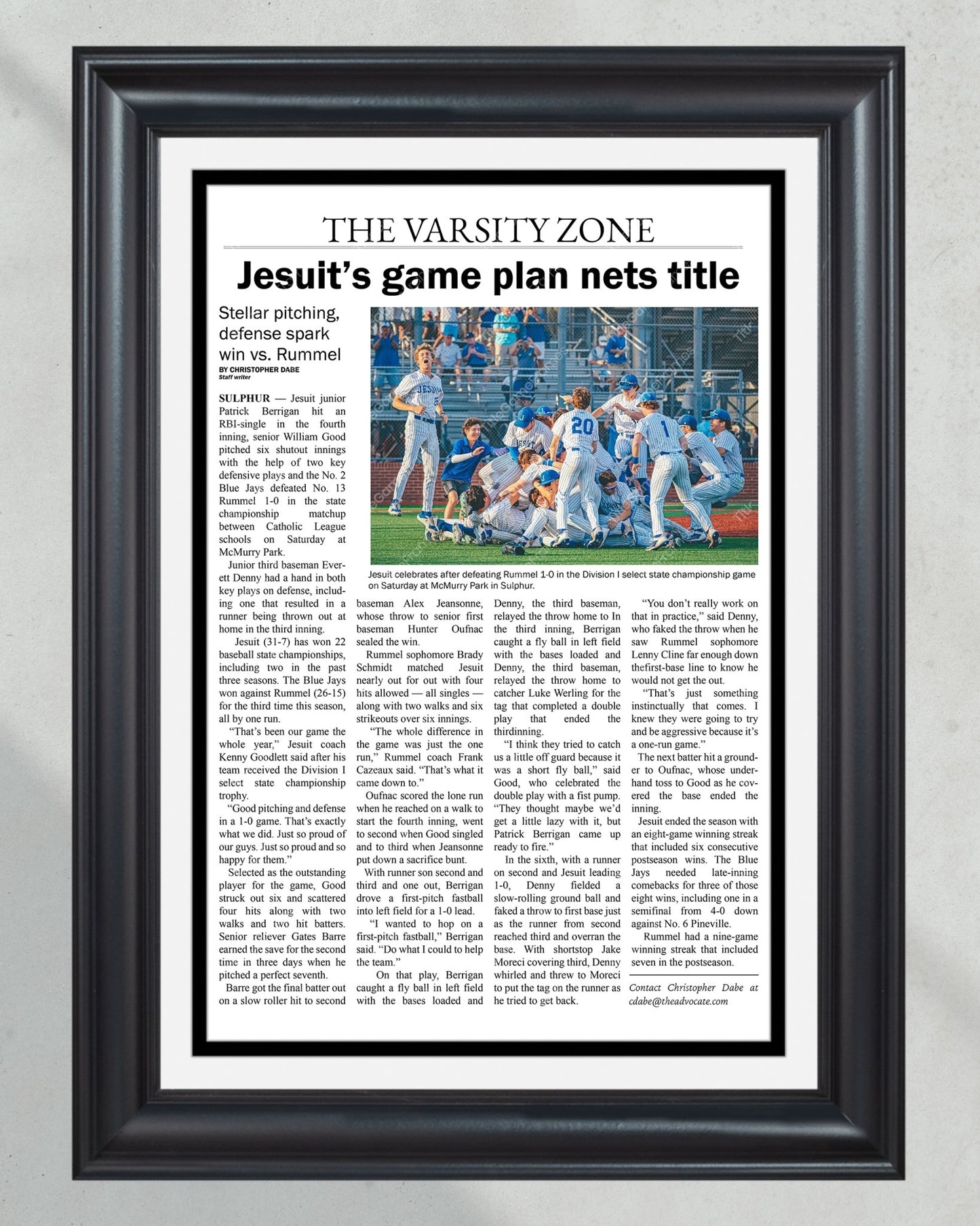 2023 Jesuit Baseball D1 State Championship Framed Newspaper - Title Game Frames