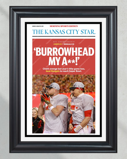 2023 Kansas City Chiefs “Burrowhead” AFC Championship Game Framed Front Page Newspaper - Title Game Frames