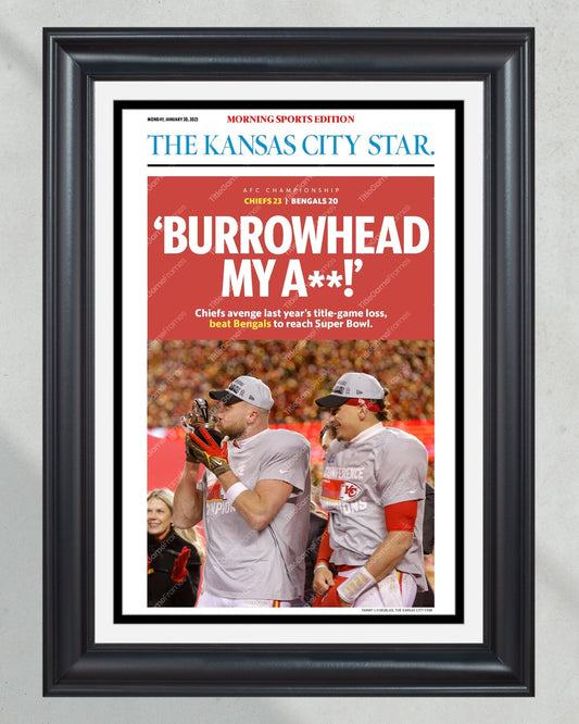 2023 Kansas City Chiefs “Burrowhead” AFC Championship Game Framed Front Page Newspaper - Title Game Frames