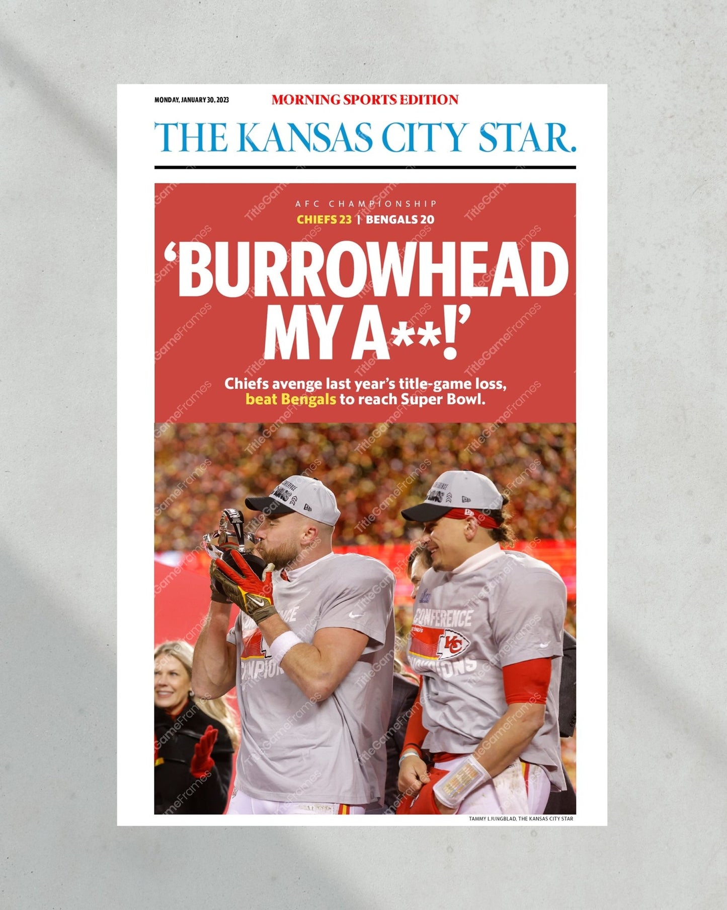 2023 Kansas City Chiefs “Burrowhead” AFC Championship Game Framed Front Page Newspaper - Title Game Frames