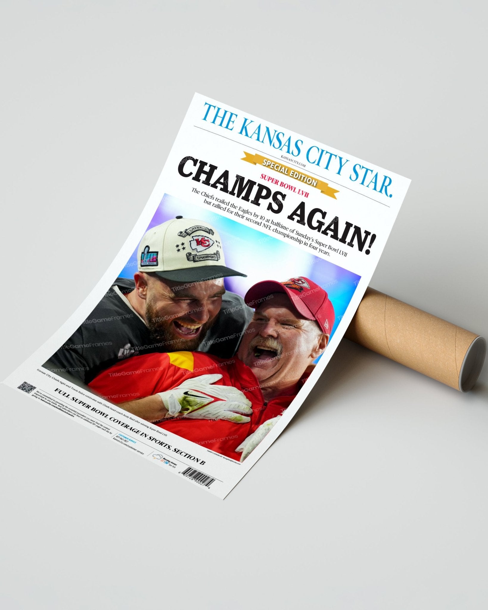 2023 Kansas City Chiefs “CHAMPS AGAIN!” Super Bowl LVII Champions Framed Front Page Newspaper - Title Game Frames