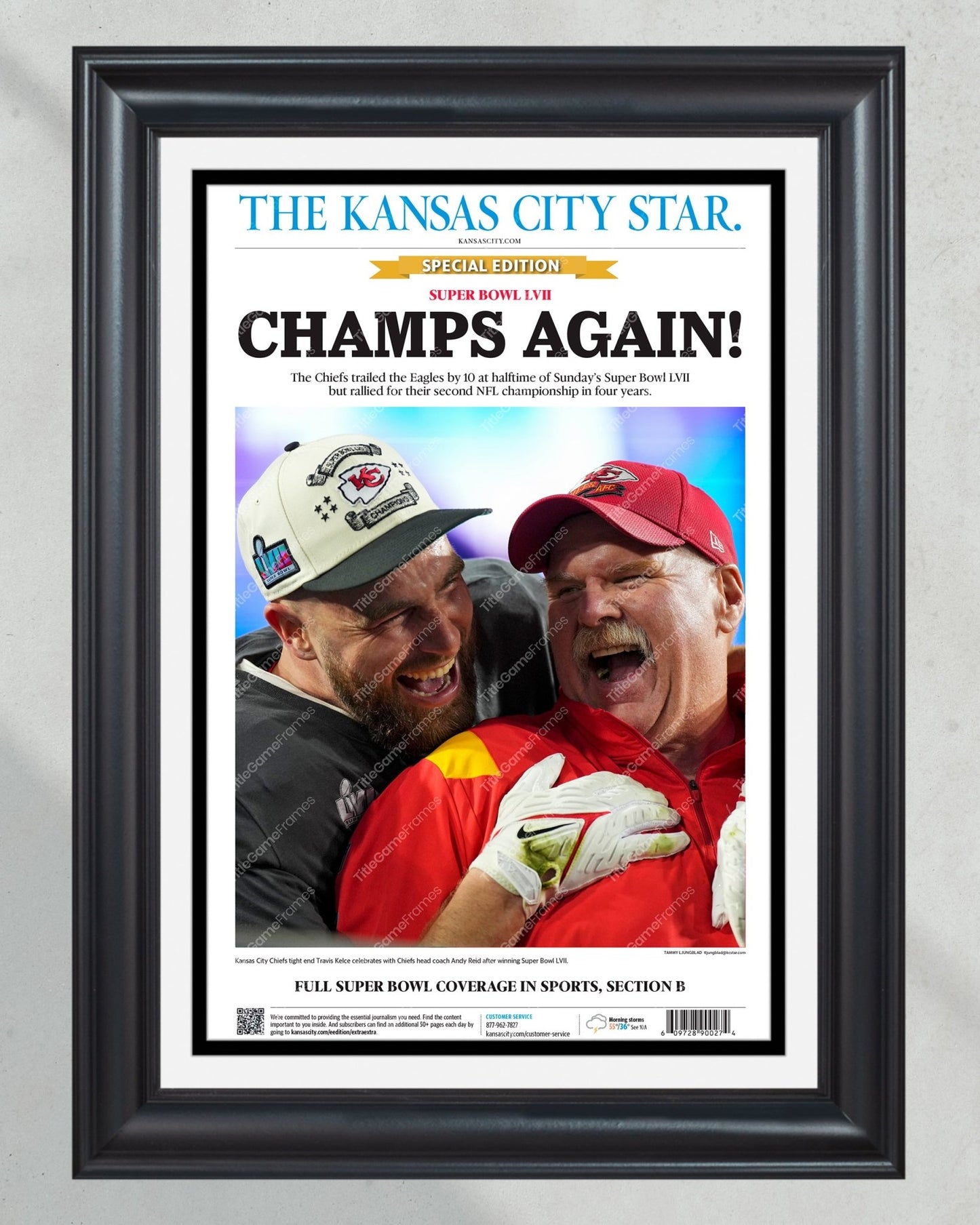 2023 Kansas City Chiefs “CHAMPS AGAIN!” Super Bowl LVII Champions Framed Front Page Newspaper - Title Game Frames