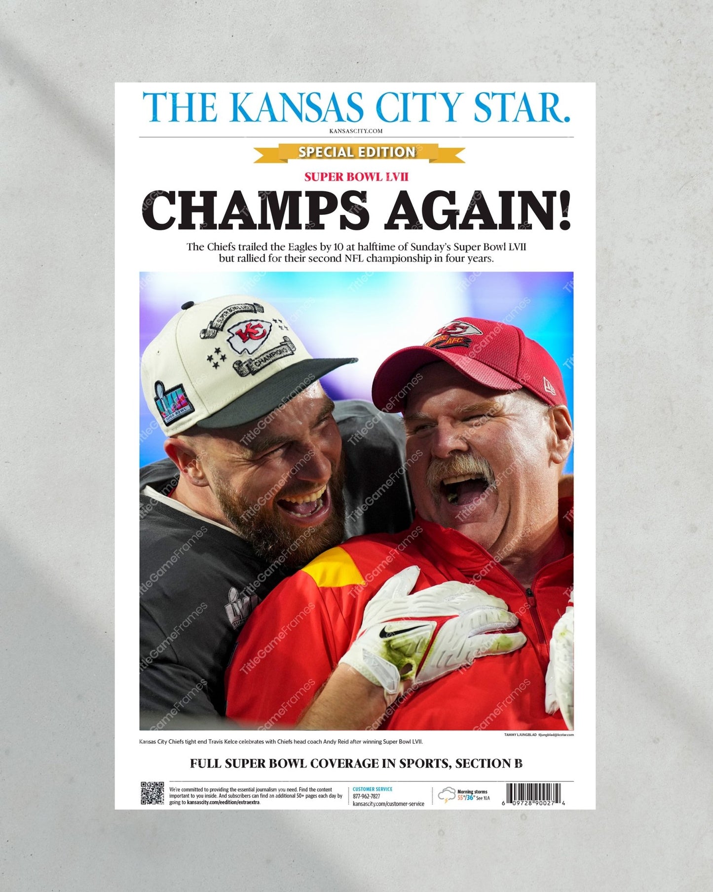 2023 Kansas City Chiefs “CHAMPS AGAIN!” Super Bowl LVII Champions Framed Front Page Newspaper - Title Game Frames