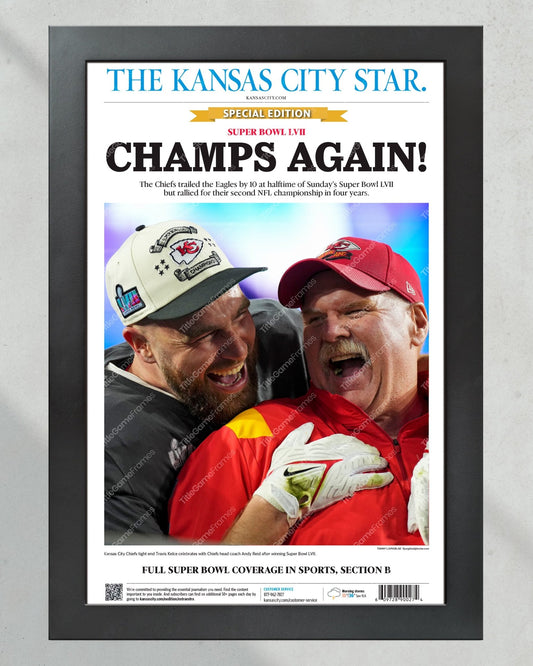 2023 Kansas City Chiefs “CHAMPS AGAIN!” Super Bowl LVII Champions Framed Front Page Newspaper - Title Game Frames