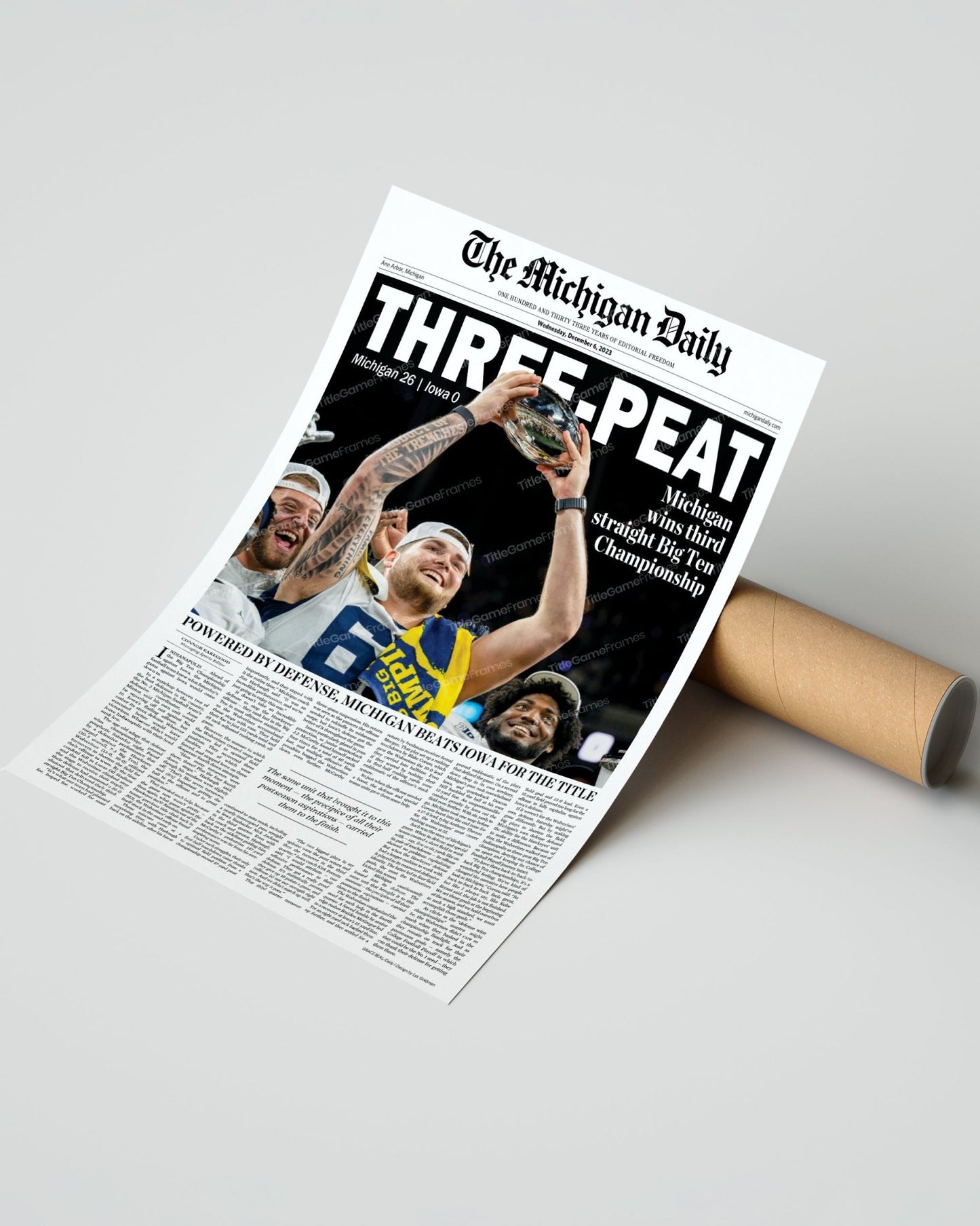 2023 Michigan Wolverines Big Ten Championship: 'THREE-PEAT' - Framed Newspaper Print - Title Game Frames