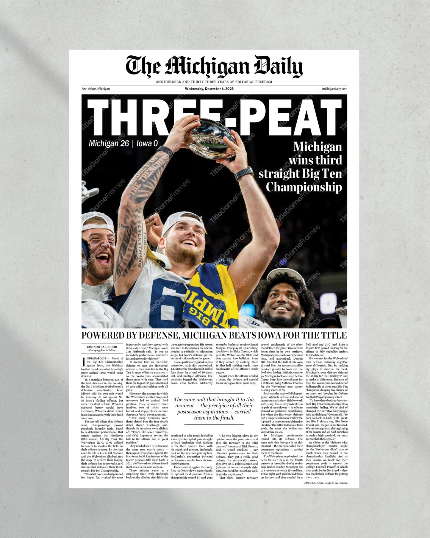 2023 Michigan Wolverines Big Ten Championship: 'THREE-PEAT' - Framed Newspaper Print - Title Game Frames