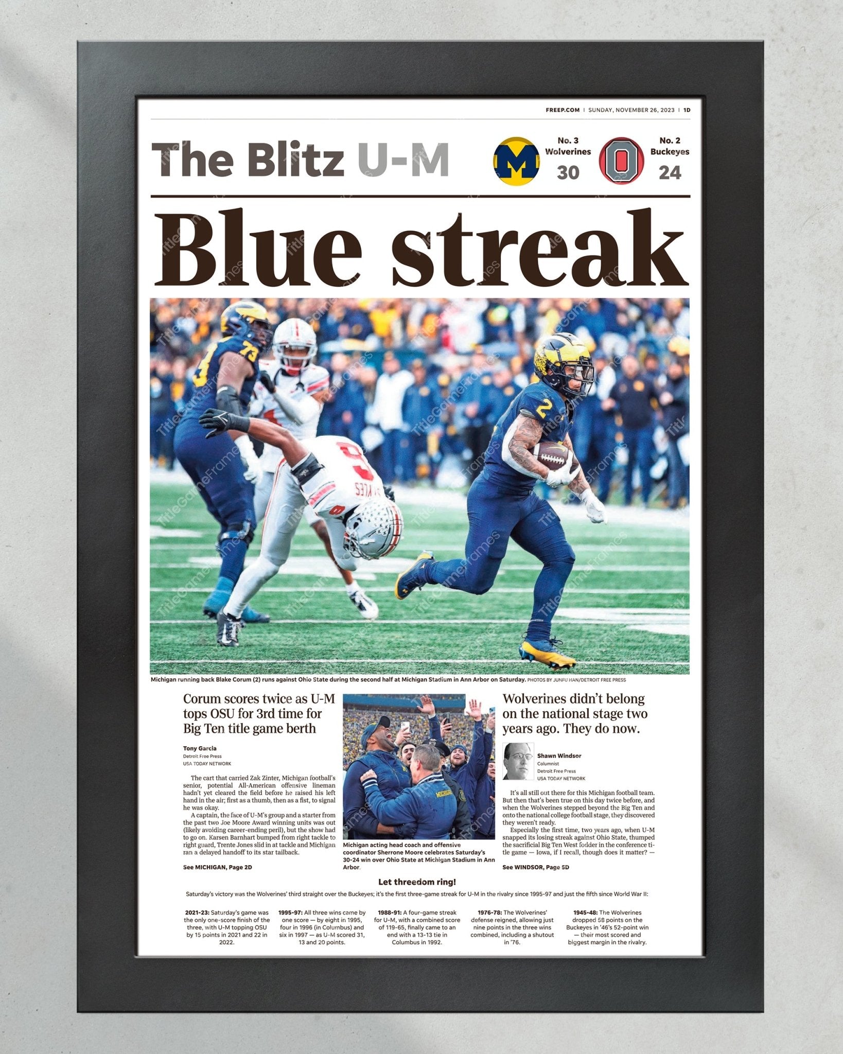 2023 Michigan Wolverines “Blue Streak” Defeat Ohio State Buckeyes Framed Newspaper Print - Title Game Frames