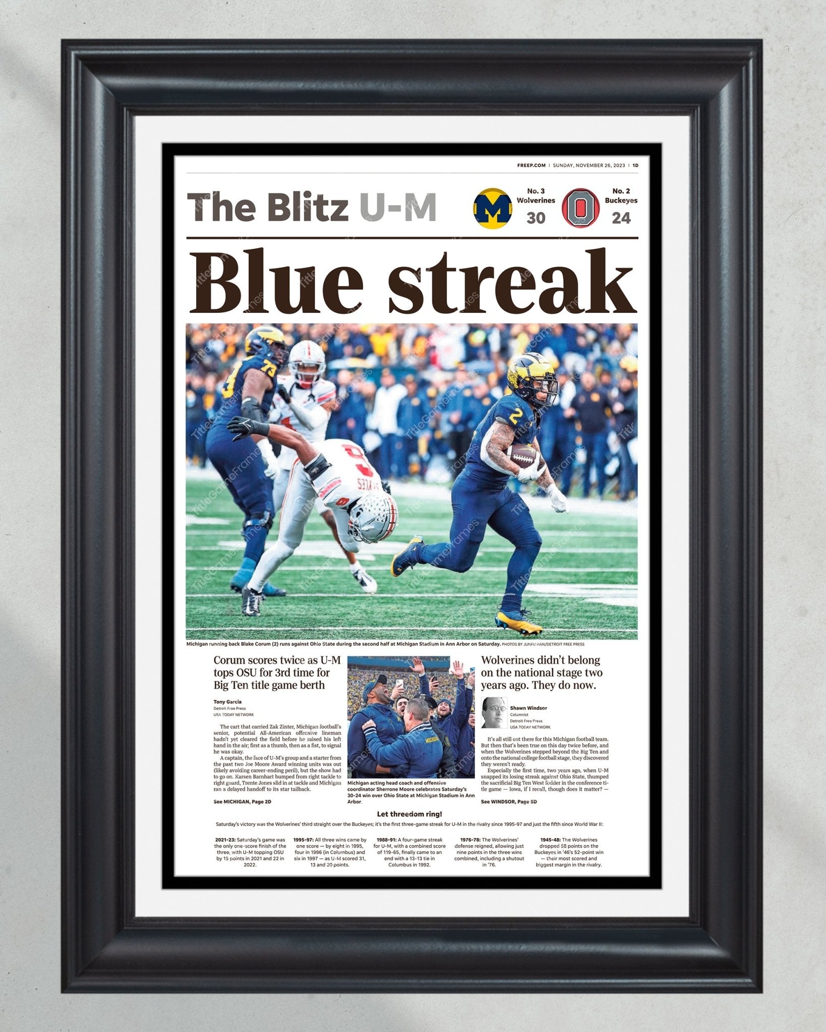 2023 Michigan Wolverines “Blue Streak” Defeat Ohio State Buckeyes Framed Newspaper Print - Title Game Frames