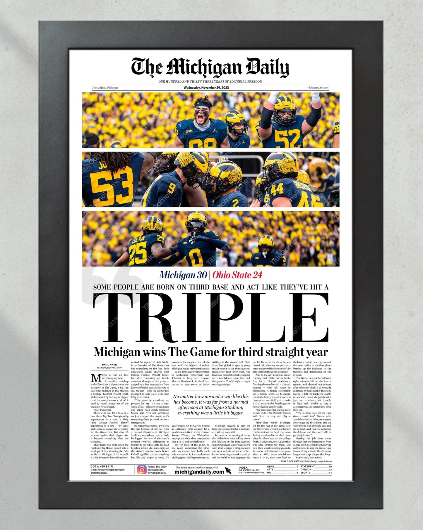 2023 Michigan Wolverines' Third Consecutive Victory Over Ohio State: 'TRIPLE' - Framed Print - Title Game Frames