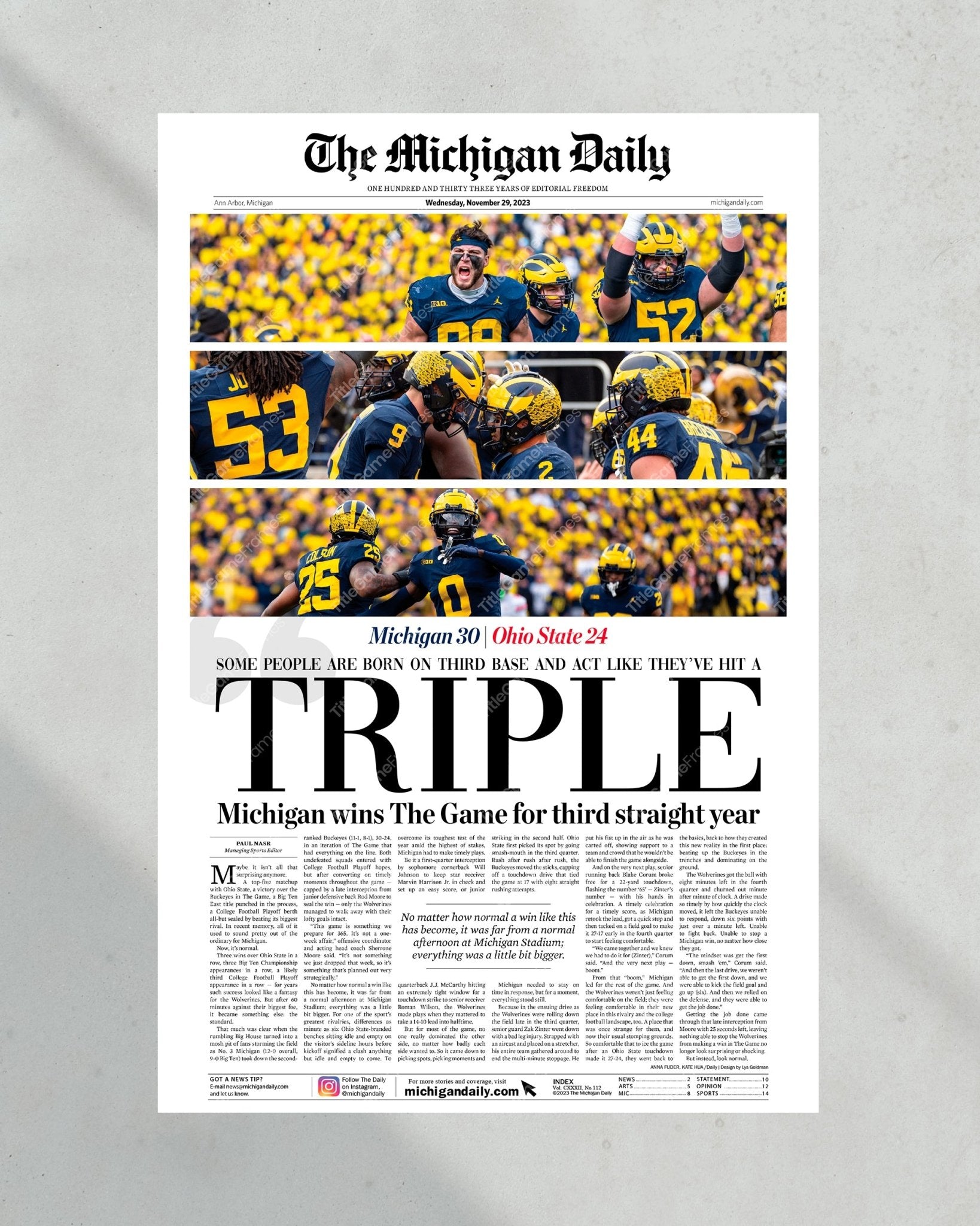 2023 Michigan Wolverines' Third Consecutive Victory Over Ohio State: 'TRIPLE' - Framed Print - Title Game Frames