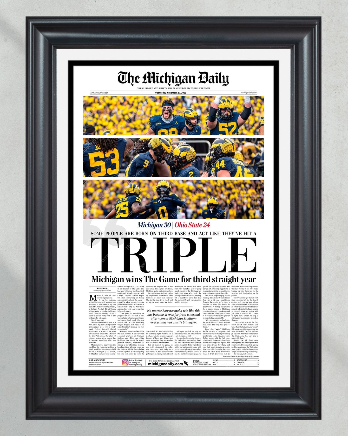 2023 Michigan Wolverines' Third Consecutive Victory Over Ohio State: 'TRIPLE' - Framed Print - Title Game Frames