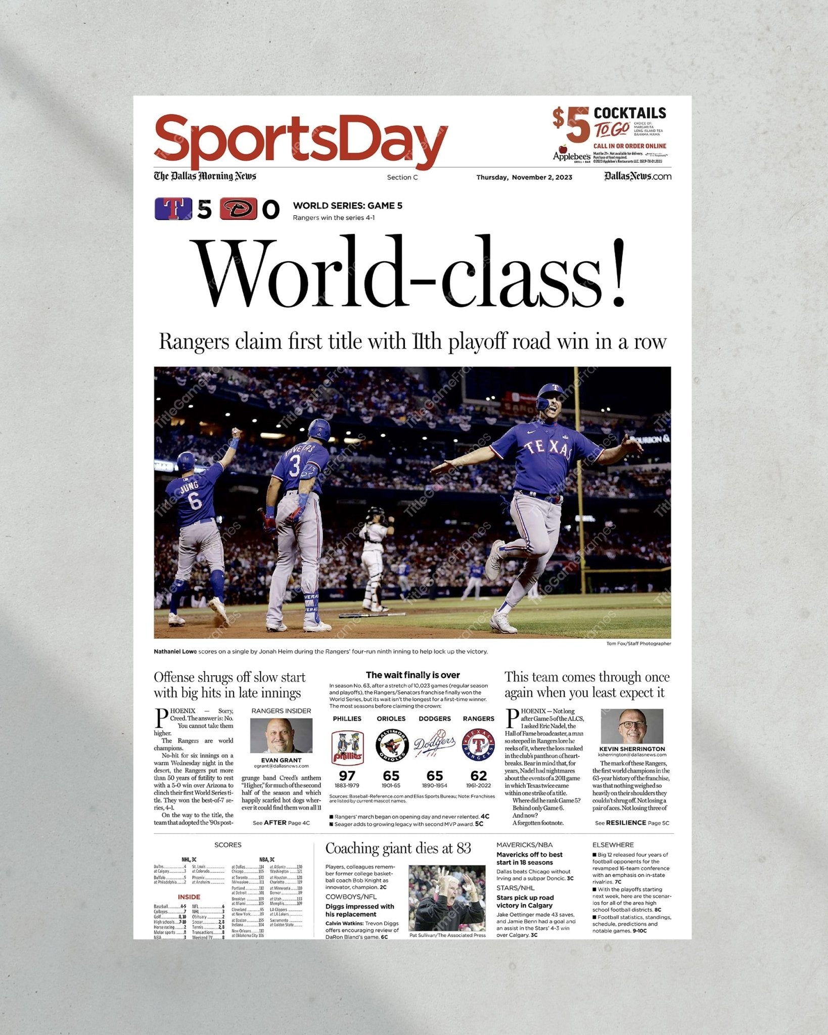 2023 Texas Rangers World Series "World-class!" - Commemorative Framed Newspaper - Title Game Frames