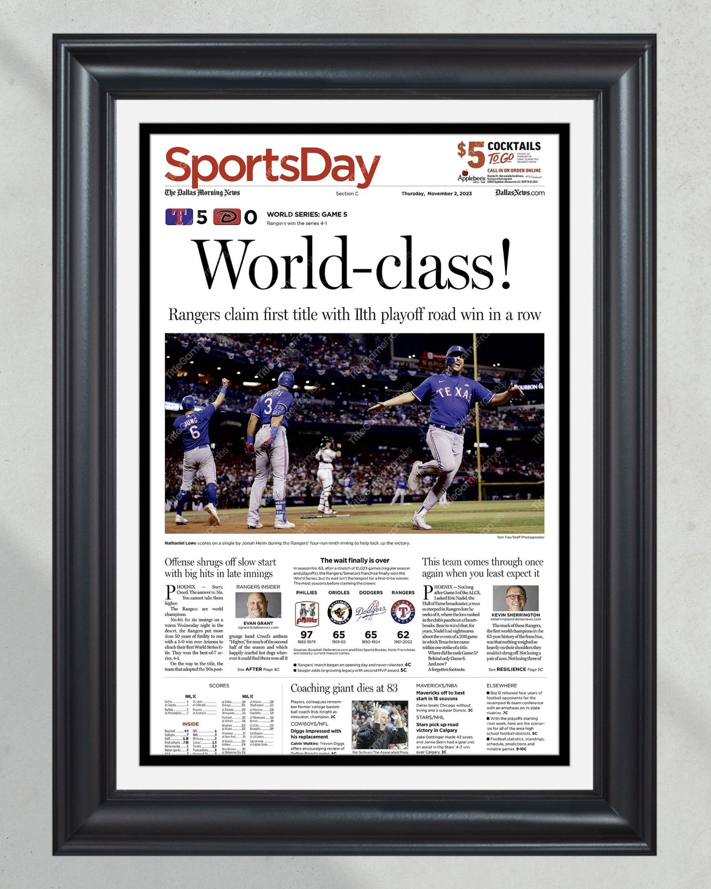 2023 Texas Rangers World Series "World-class!" - Commemorative Framed Newspaper - Title Game Frames