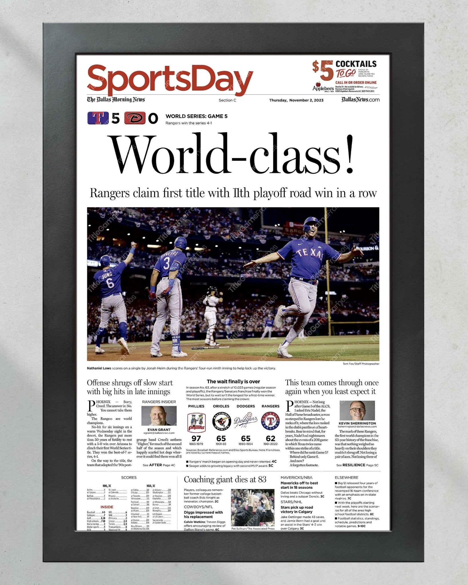 2023 Texas Rangers World Series "World-class!" - Commemorative Framed Newspaper - Title Game Frames