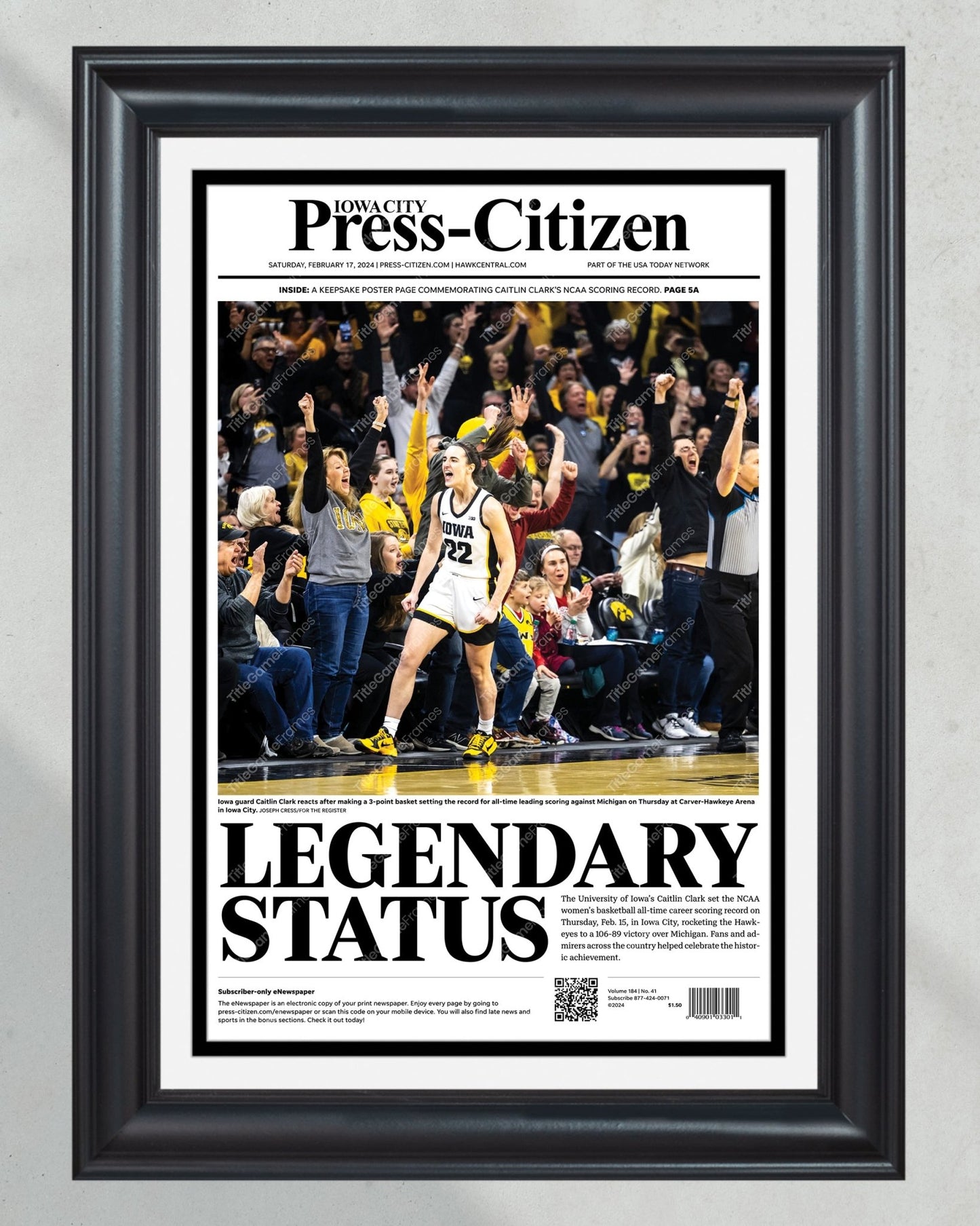 2024 Caitlin Clark Iowa Hawkeyes 'Legendary Status': Leading Scorer in Basketball History Framed Newspaper - Title Game Frames