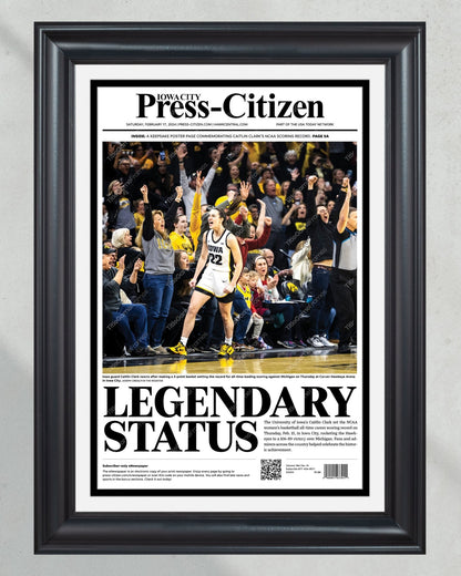 2024 Caitlin Clark Iowa Hawkeyes 'Legendary Status': Leading Scorer in Basketball History Framed Newspaper - Title Game Frames