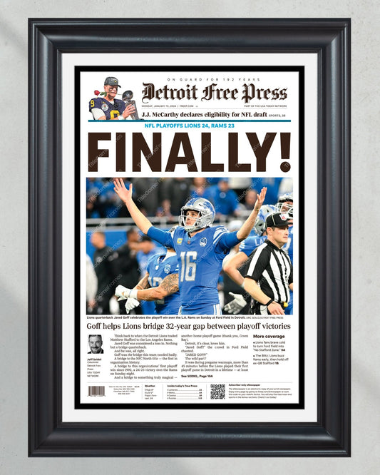 2024 Detroit Lions: "FINALLY!" Playoff Breakthrough - Goff's Triumph - Framed Newspaper - Title Game Frames