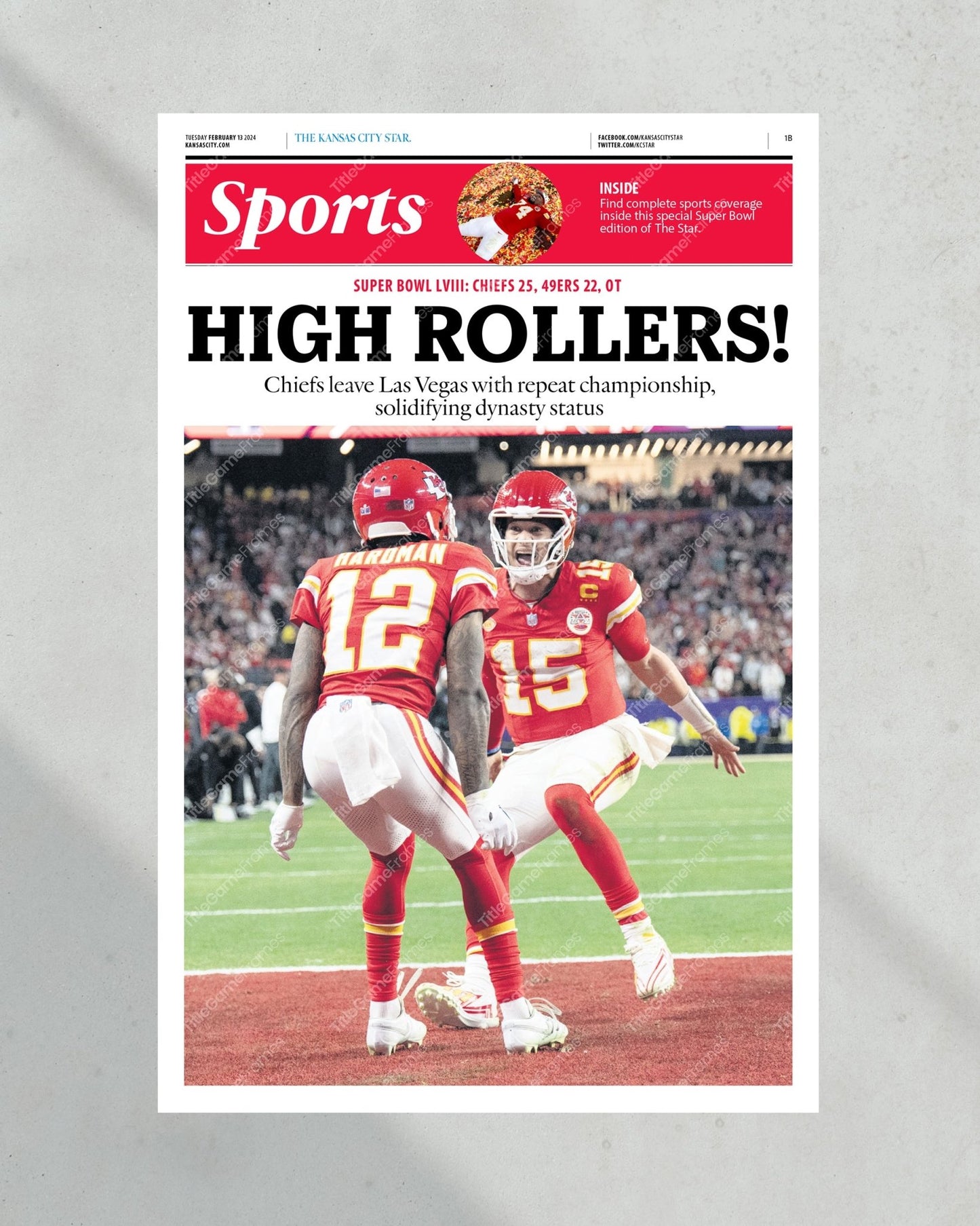 2024 Kansas City Chiefs Super Bowl LVIII Champions 'HIGH ROLLERS!' Framed Newspaper Print - Title Game Frames