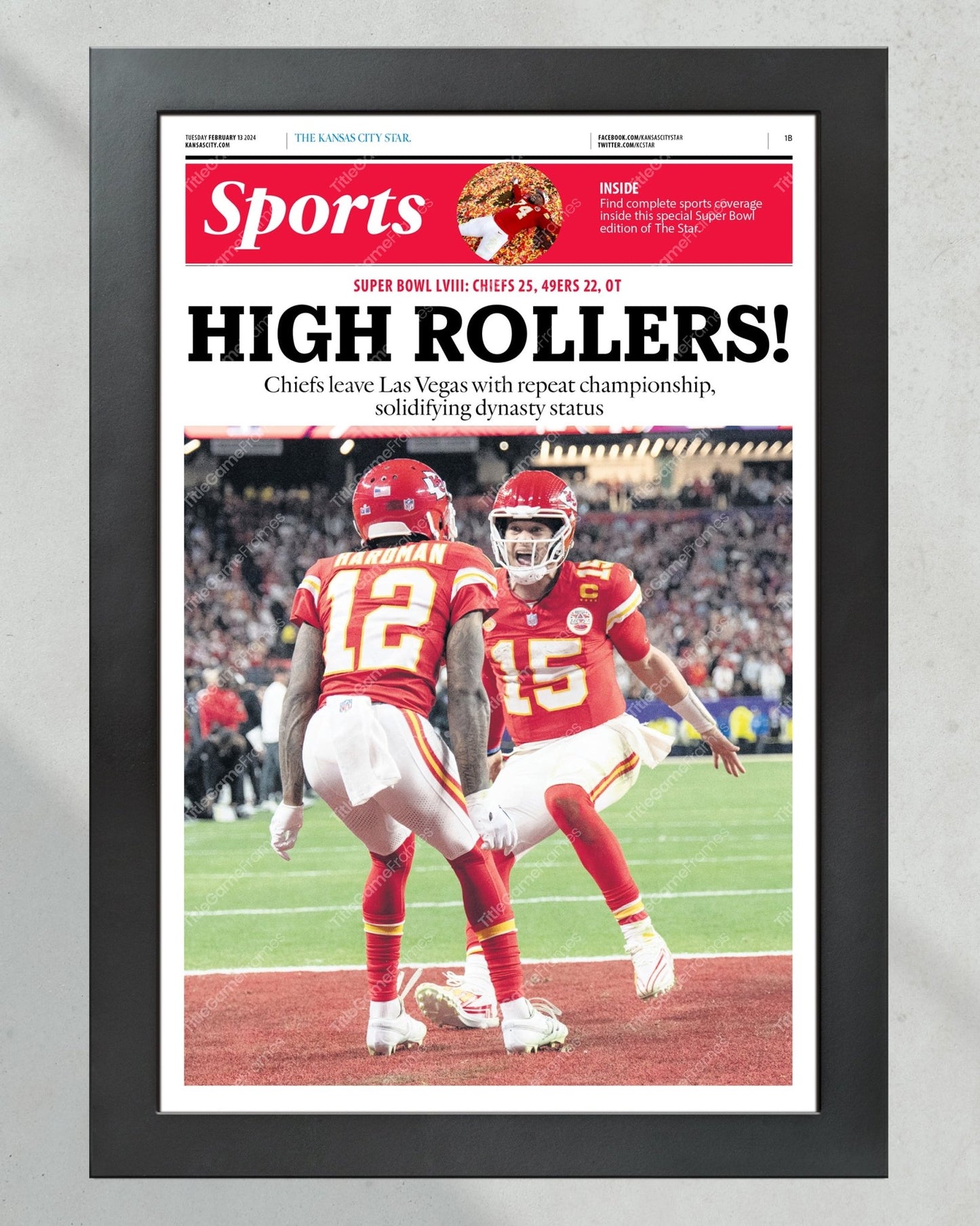 2024 Kansas City Chiefs Super Bowl LVIII Champions 'HIGH ROLLERS!' Framed Newspaper Print - Title Game Frames