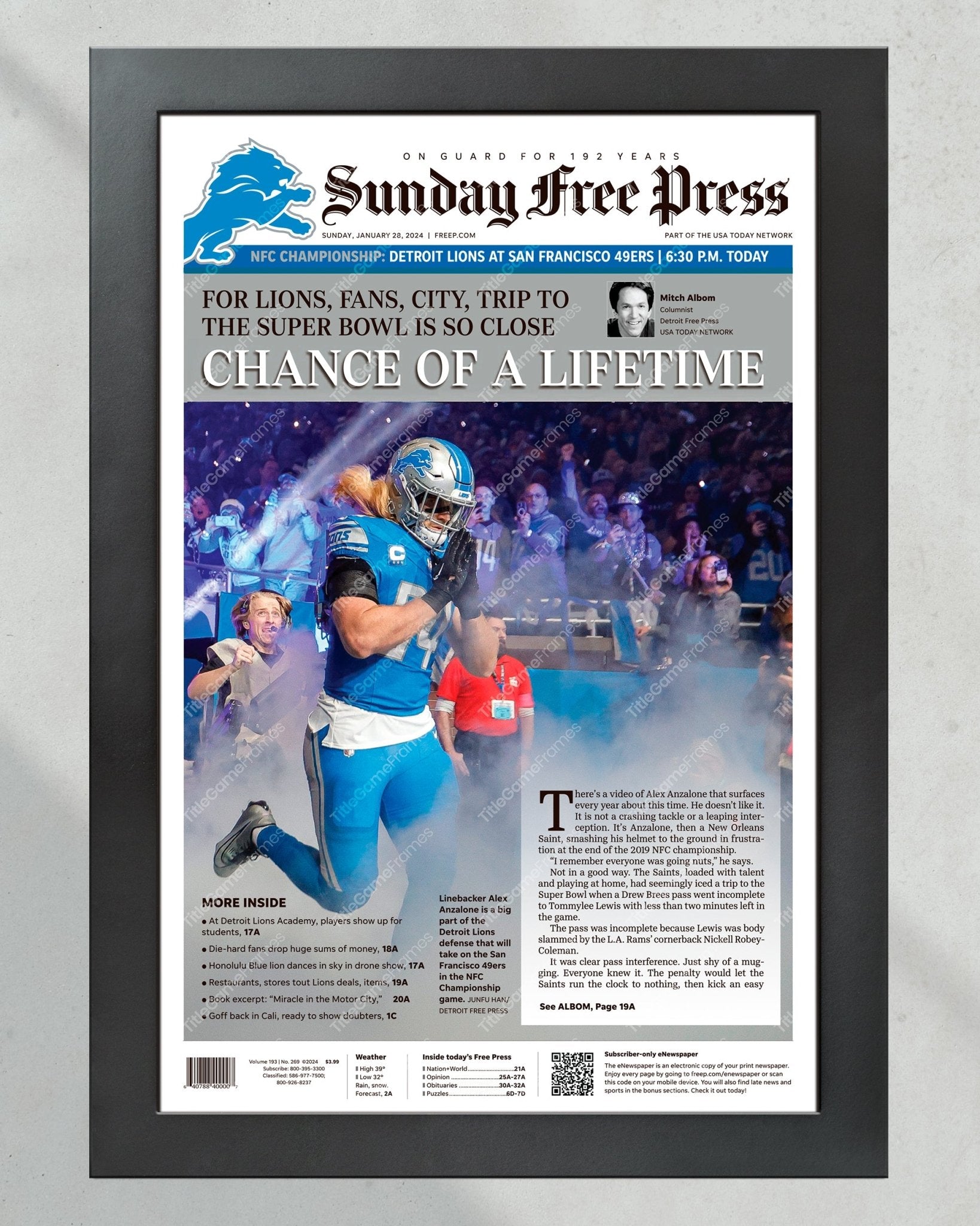 2024 Lions' NFC Championship Chronicle - 'Chance of a Lifetime' - Framed Newspaper - Title Game Frames