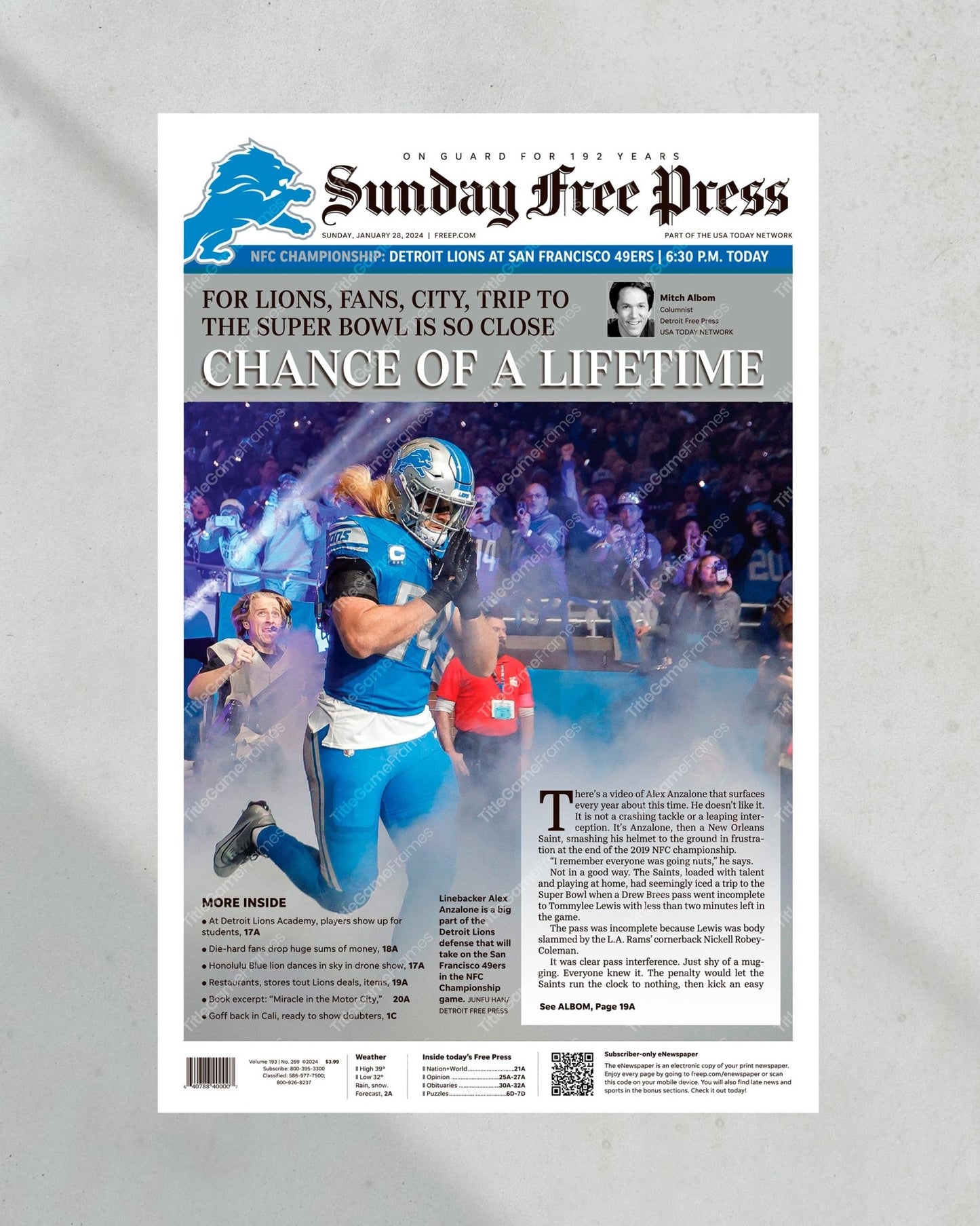 2024 Lions' NFC Championship Chronicle - 'Chance of a Lifetime' - Framed Newspaper - Title Game Frames