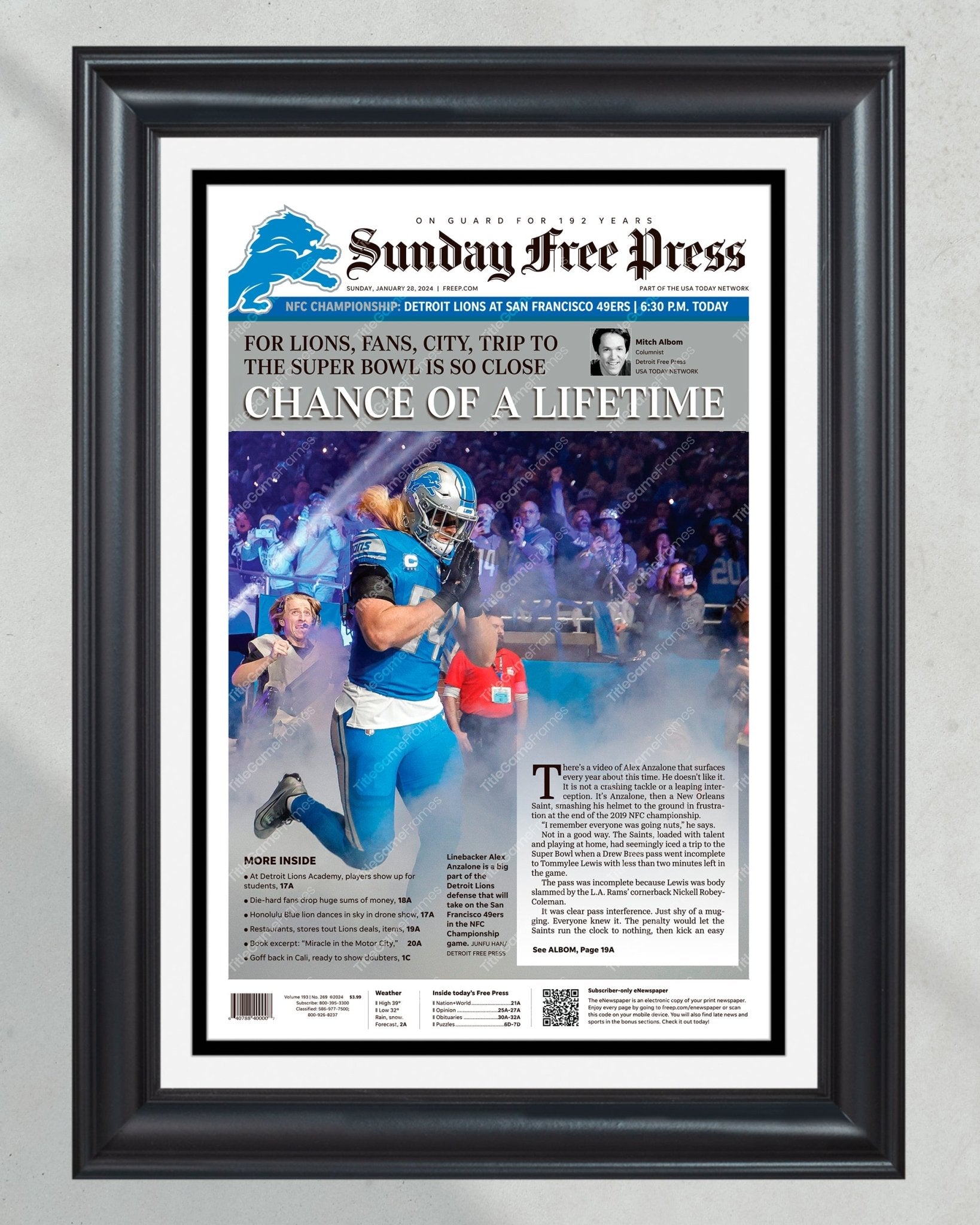 2024 Lions' NFC Championship Chronicle - 'Chance of a Lifetime' - Framed Newspaper - Title Game Frames